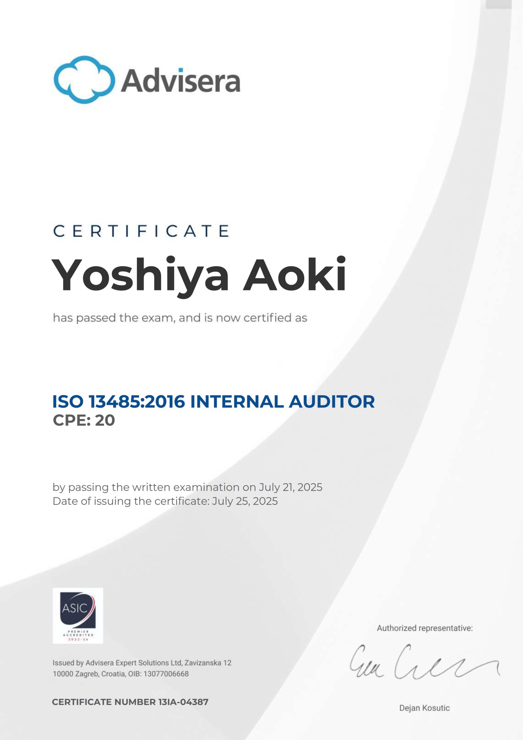 13IA-04387 Certificate ISO 13485 Internal Auditor Yoshiya Aoki