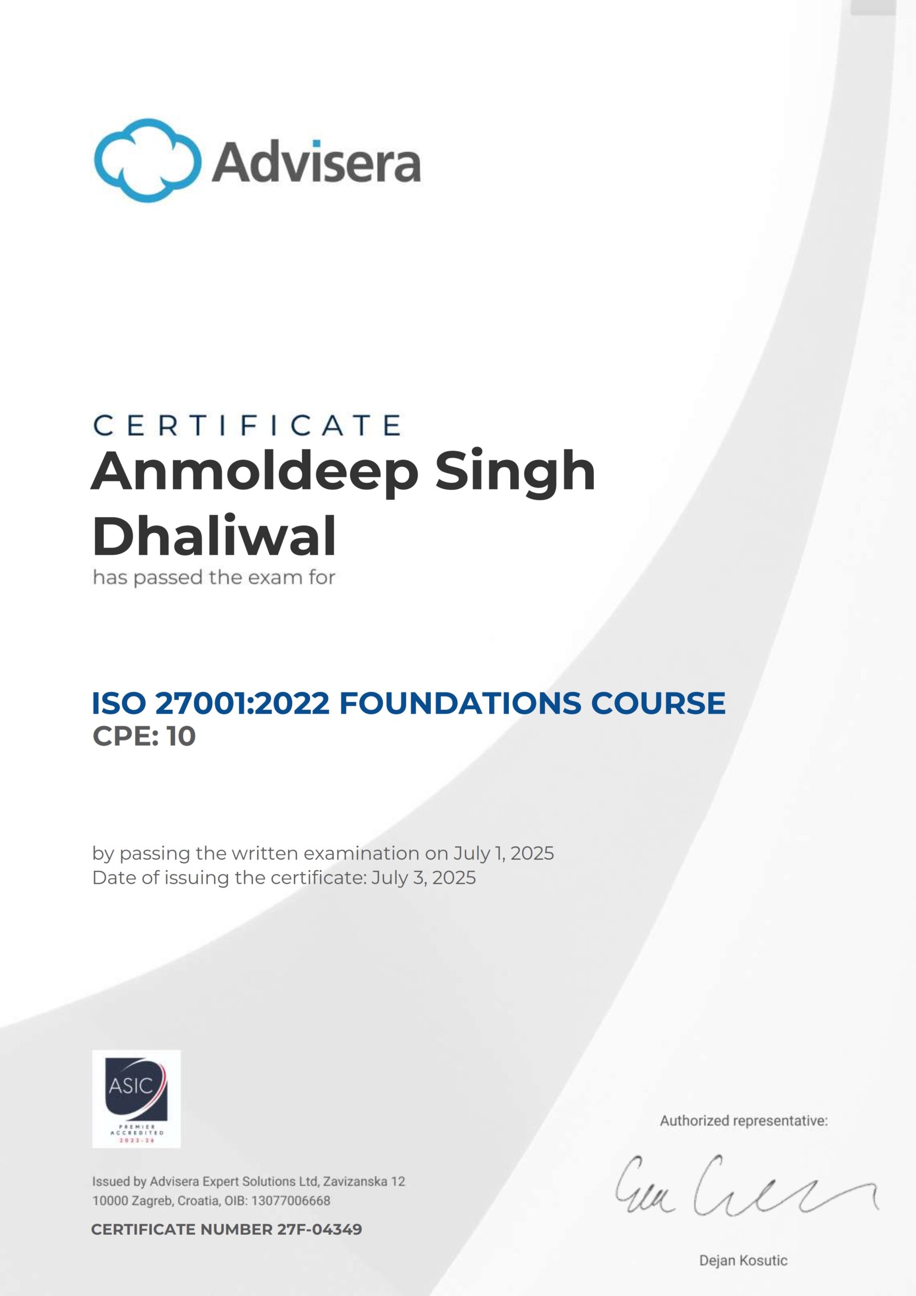 27F-04349 Certificate ISO 27001 Foundations Anmoldeep Singh Dhaliwal