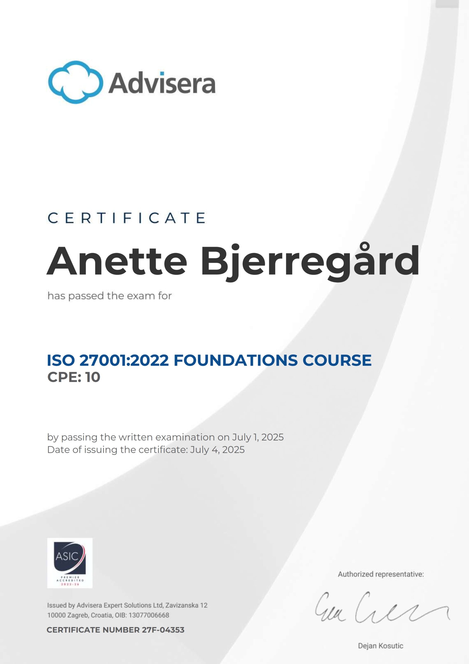 27F-04353 Certificate ISO 27001 Foundations Anette Bjerregård