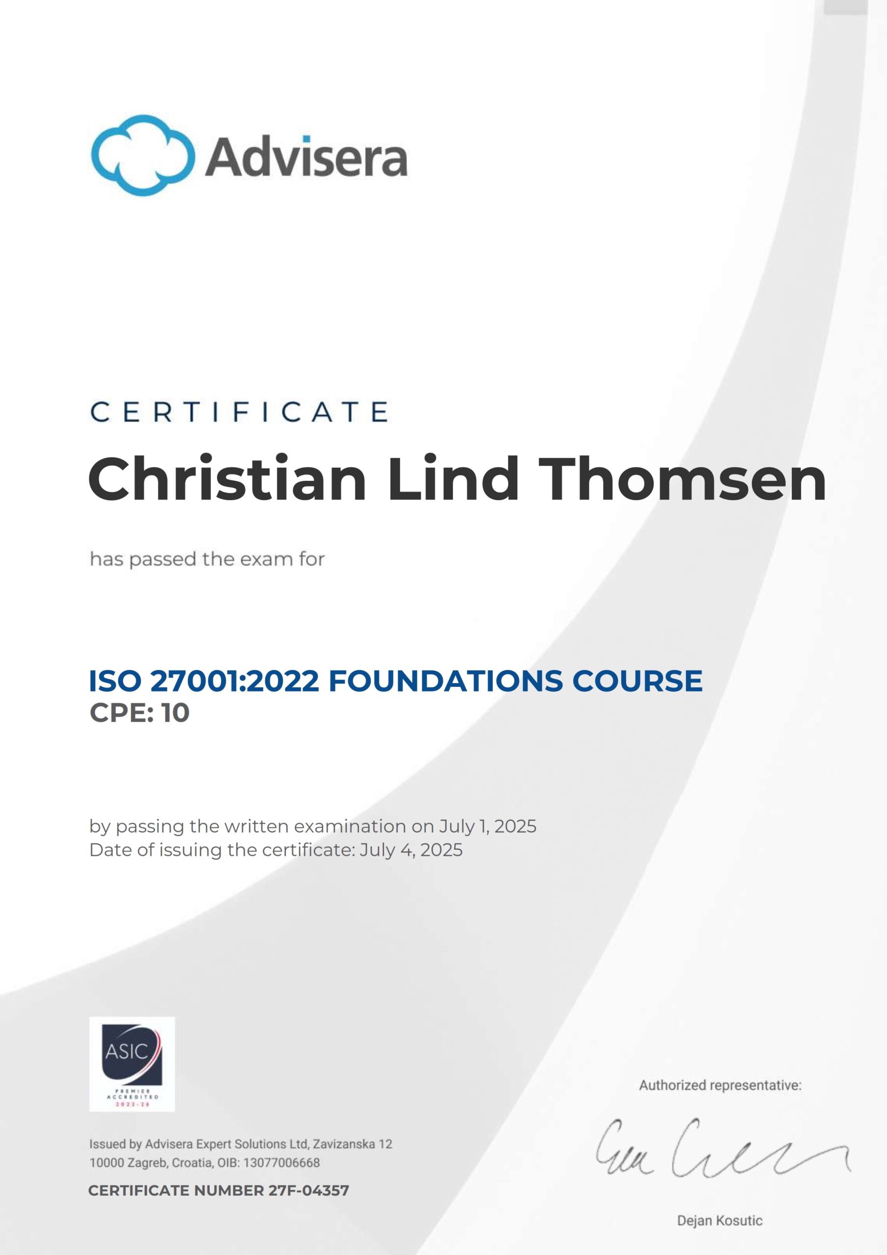 27F-04357 Certificate ISO 27001 Foundations Christian Lind Thomsen