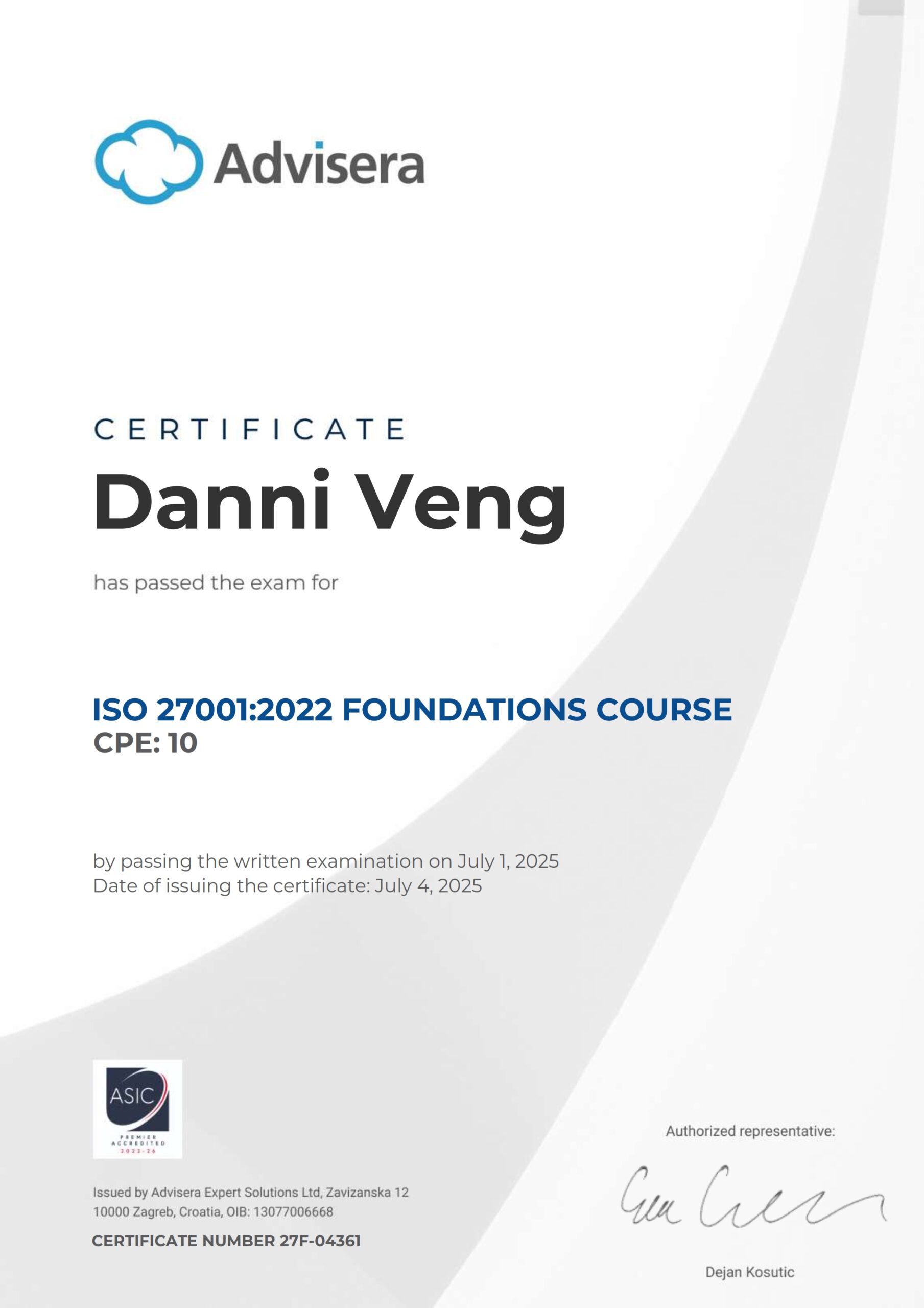 27F-04361 Certificate ISO 27001 Foundations Danni Veng