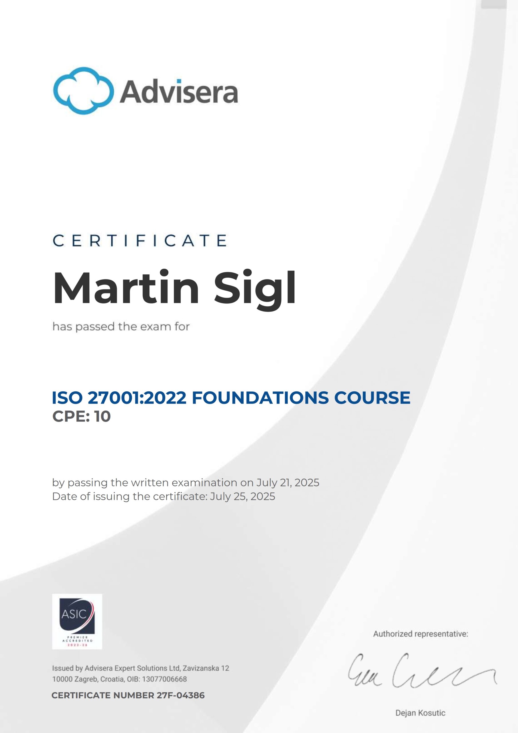 27F-04386 Certificate ISO 27001 Foundations Martin Sigl