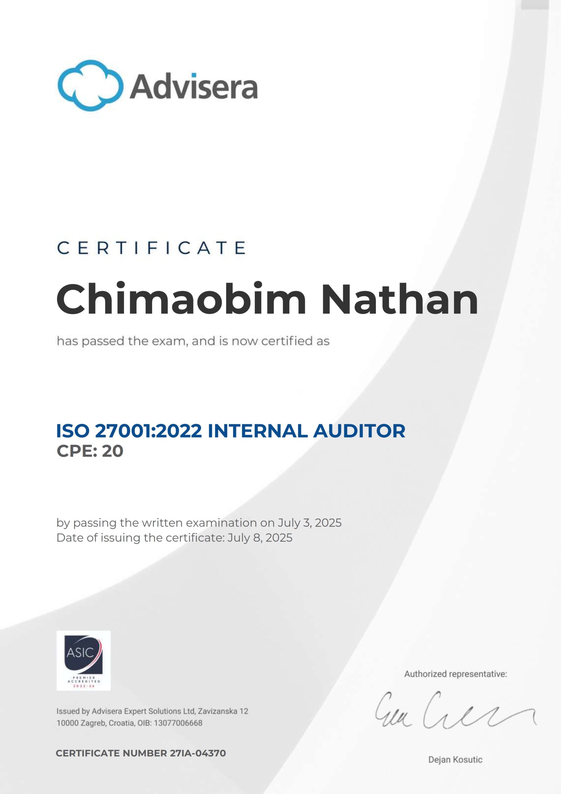 27IA-04370 Certificate ISO 27001 Internal Auditor Chimaobim Nathan