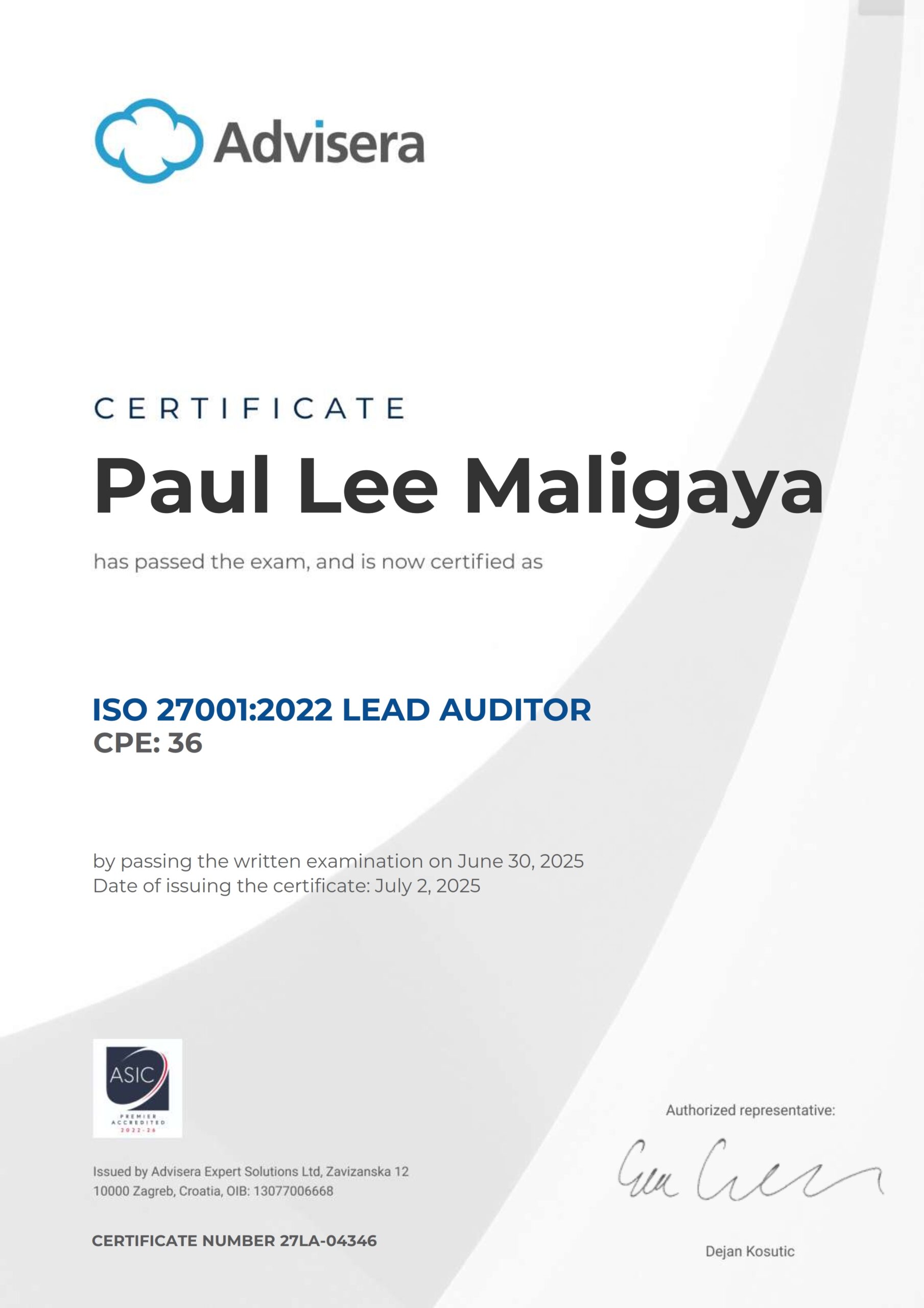 27LA-04346 Certificate ISO 27001 Lead Auditor Paul Lee Maligaya