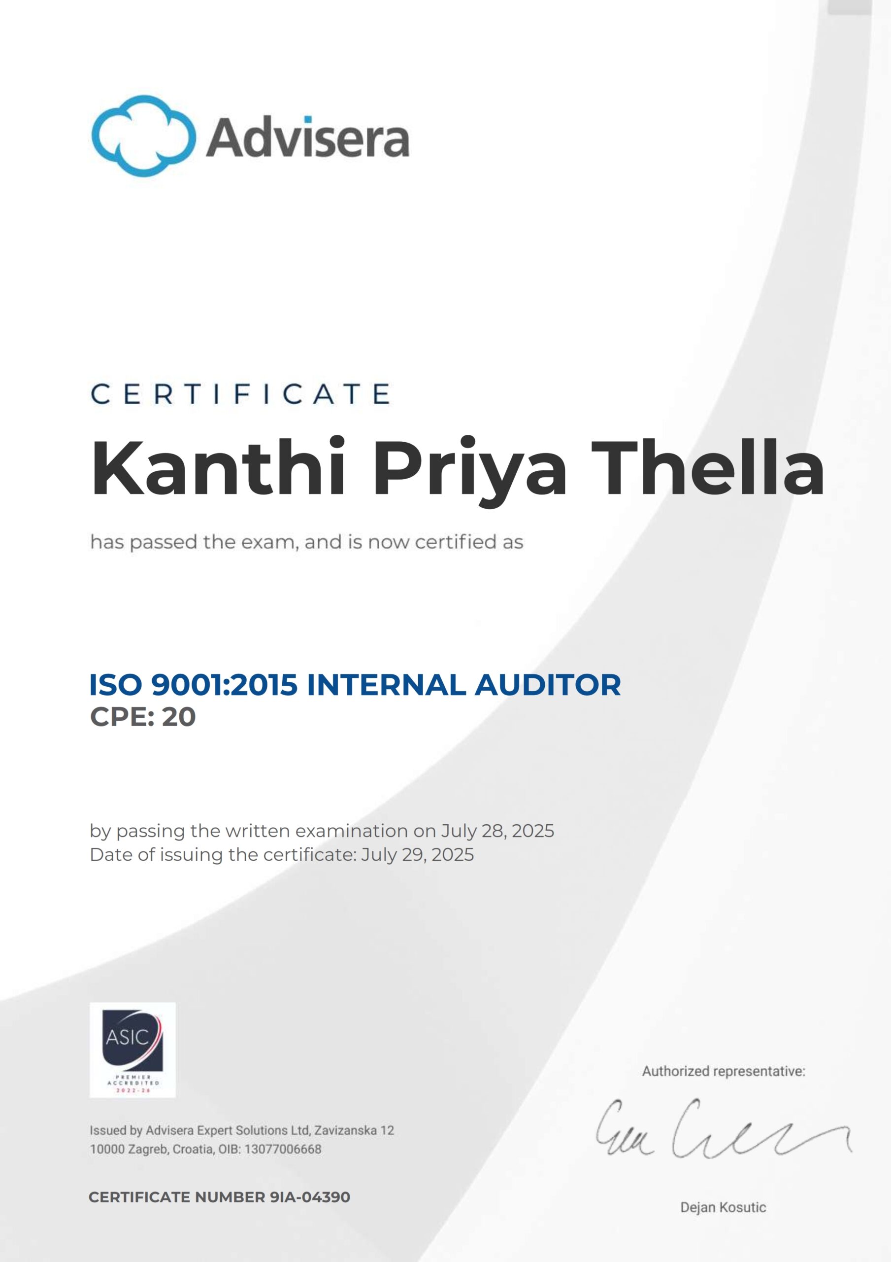 9IA-04390 Certificate ISO 9001 Internal Auditor Kanthi Priya Thella