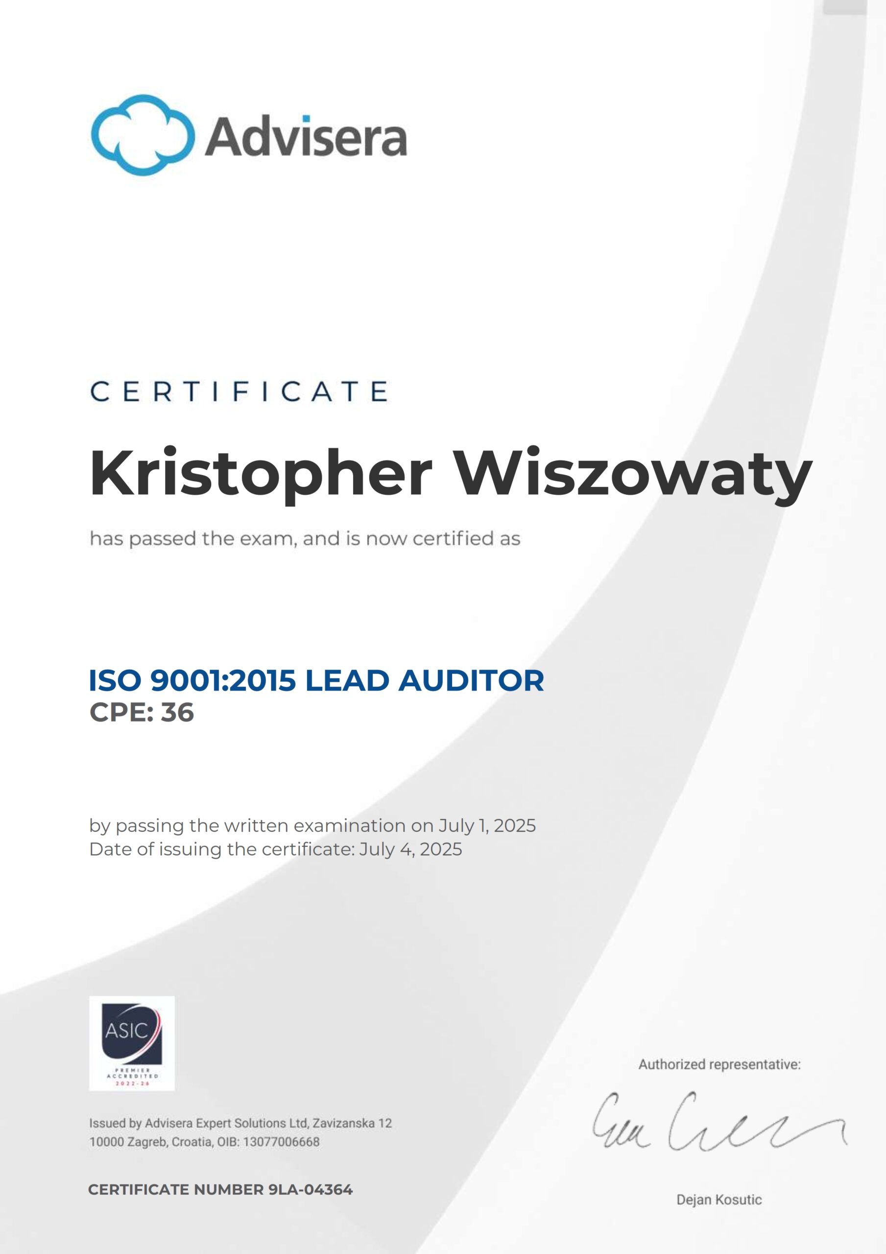 9LA-04364 Certificate ISO 9001 Lead Auditor Kristopher Wiszowaty