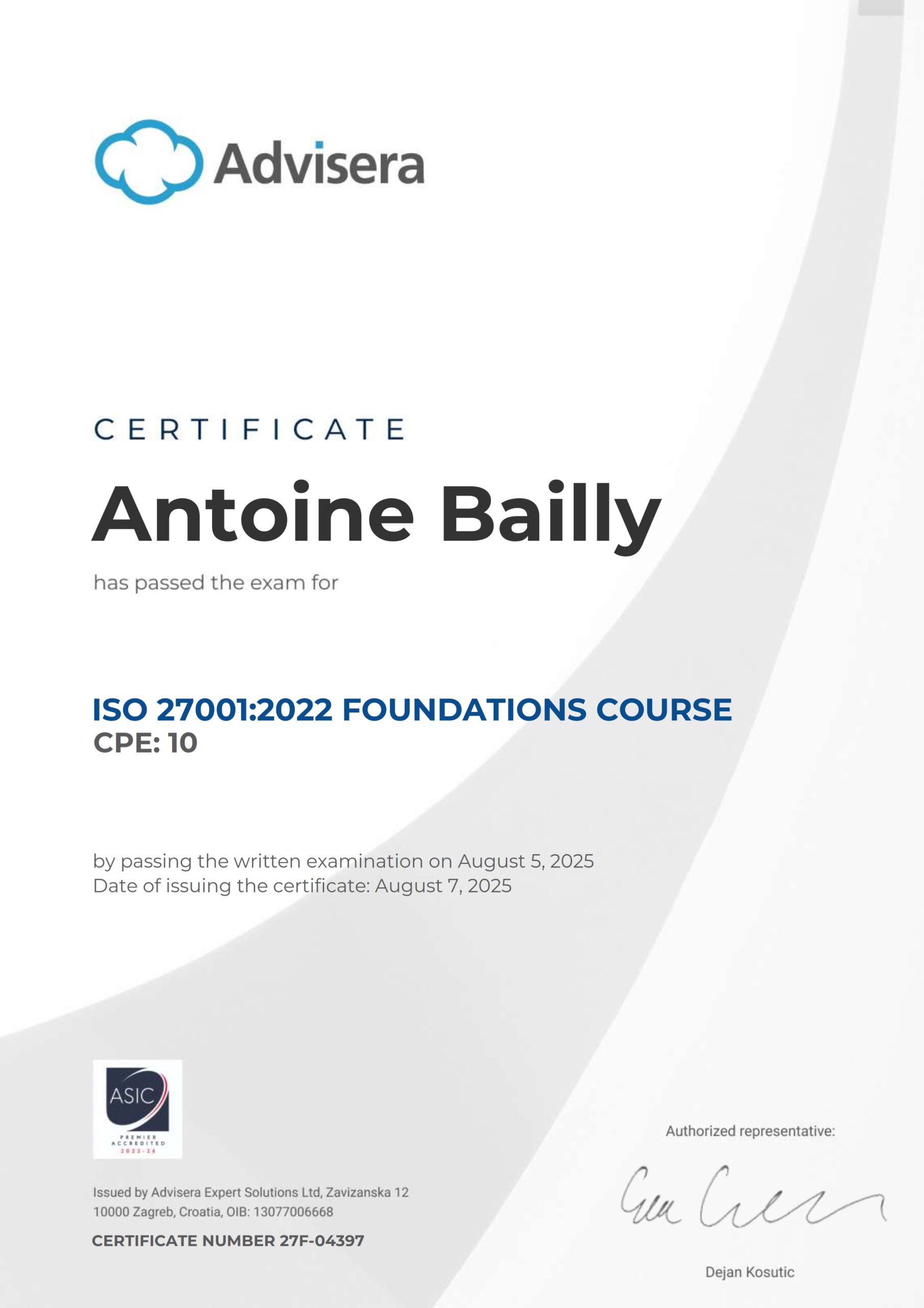27F-04397 Certificate ISO 27001 Foundations Antoine Bailly