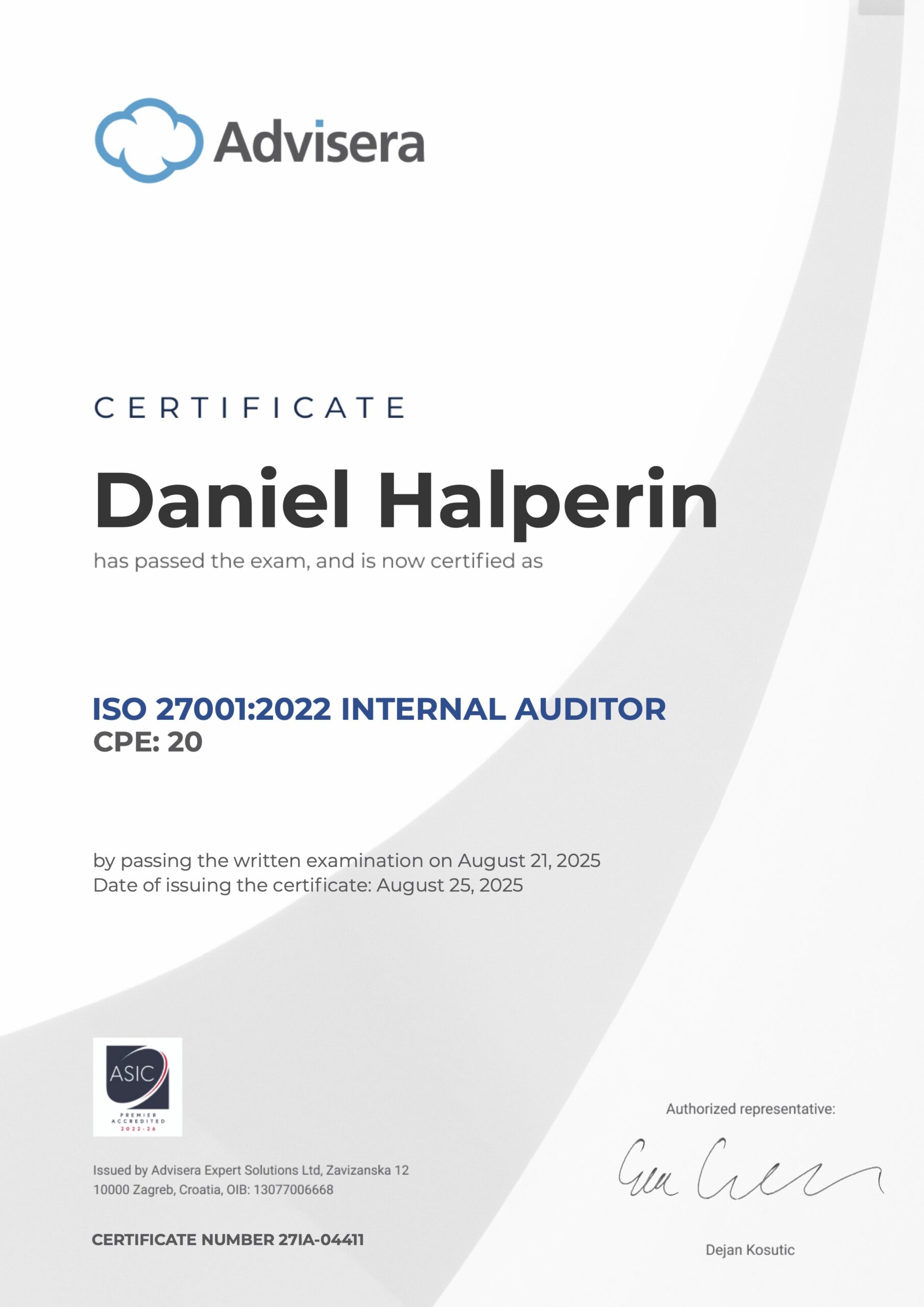 27IA-04411 Certificate ISO 27001 Internal Auditor Daniel Halperin