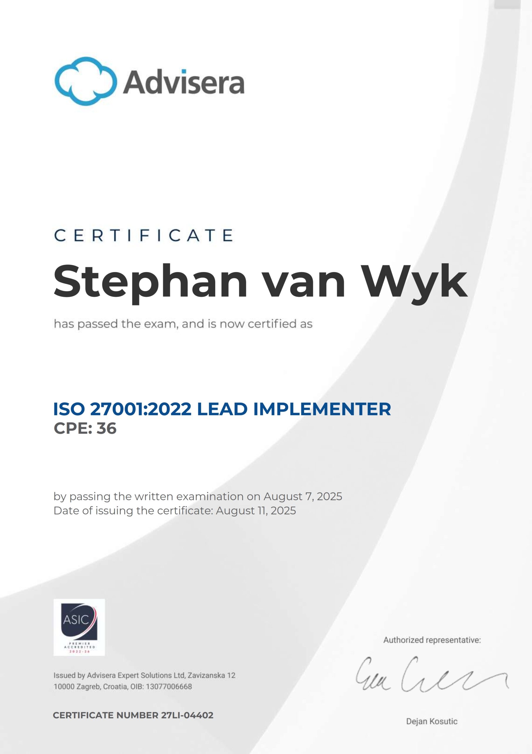 27LI-04402 Certificate ISO 27001 Lead Implementer Stephan van Wyk