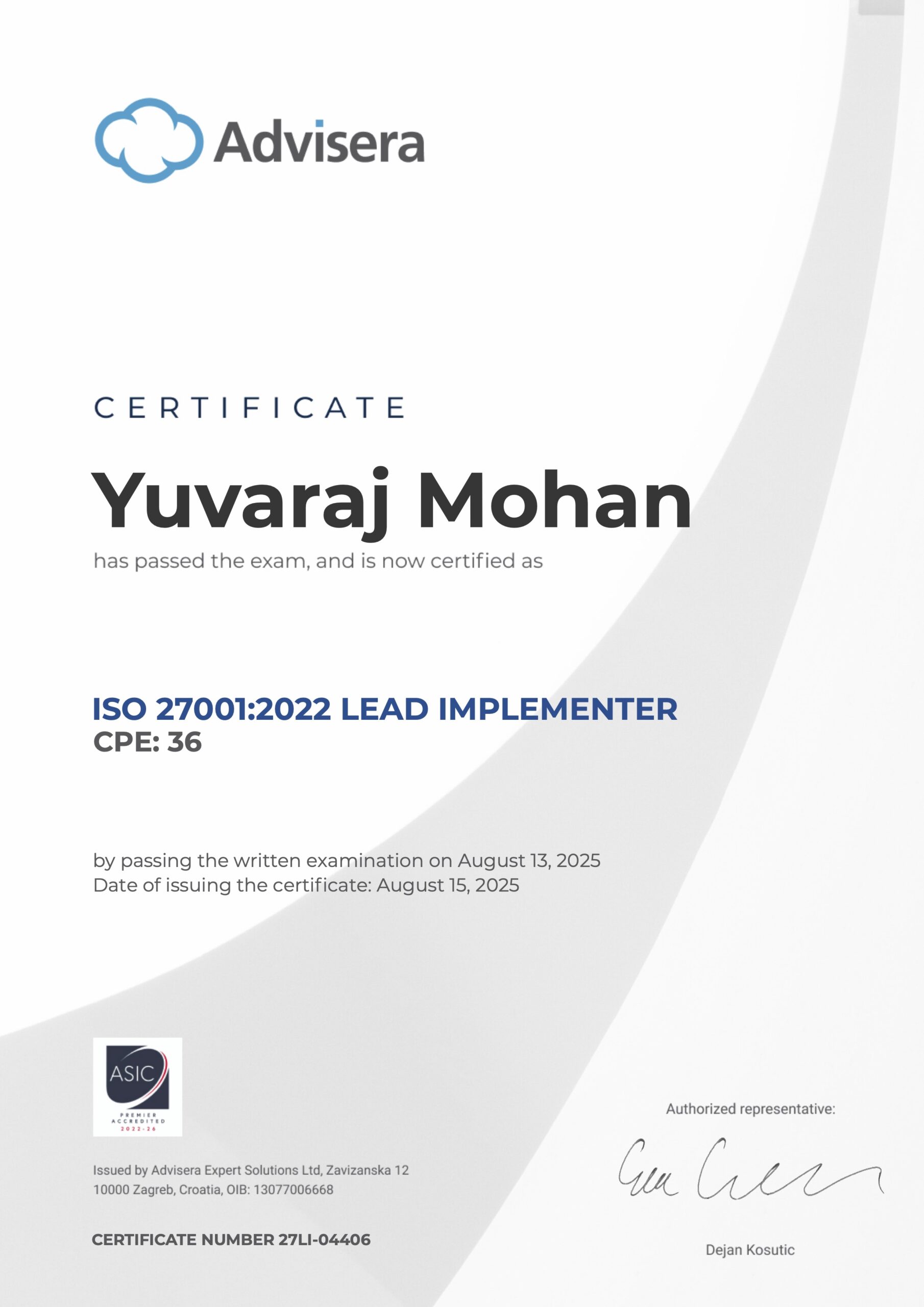 27LI-04406 Certificate ISO 27001 Lead Implementer Yuvaraj Mohan