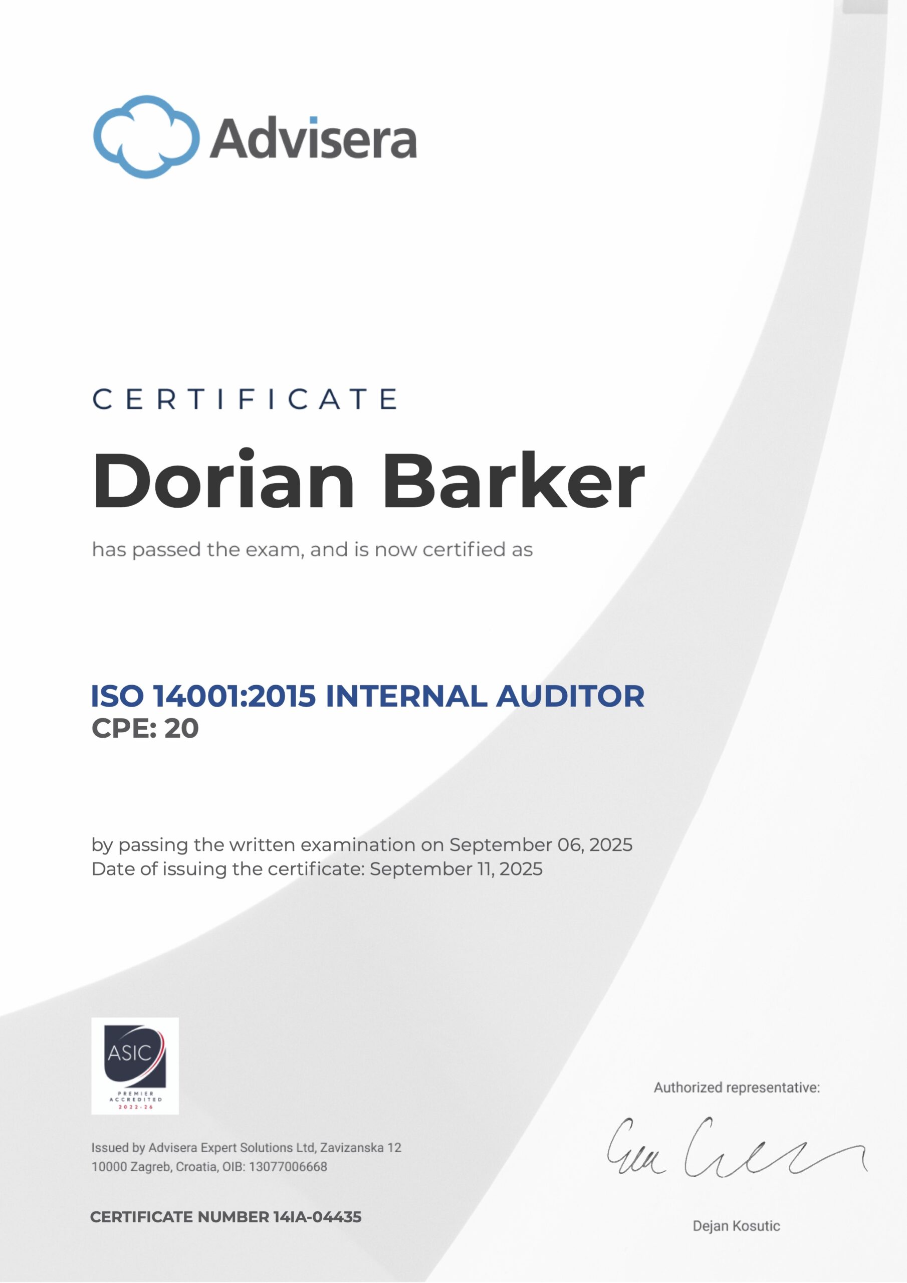 14IA-04435 Certificate ISO 14001 Internal Auditor Dorian Barker