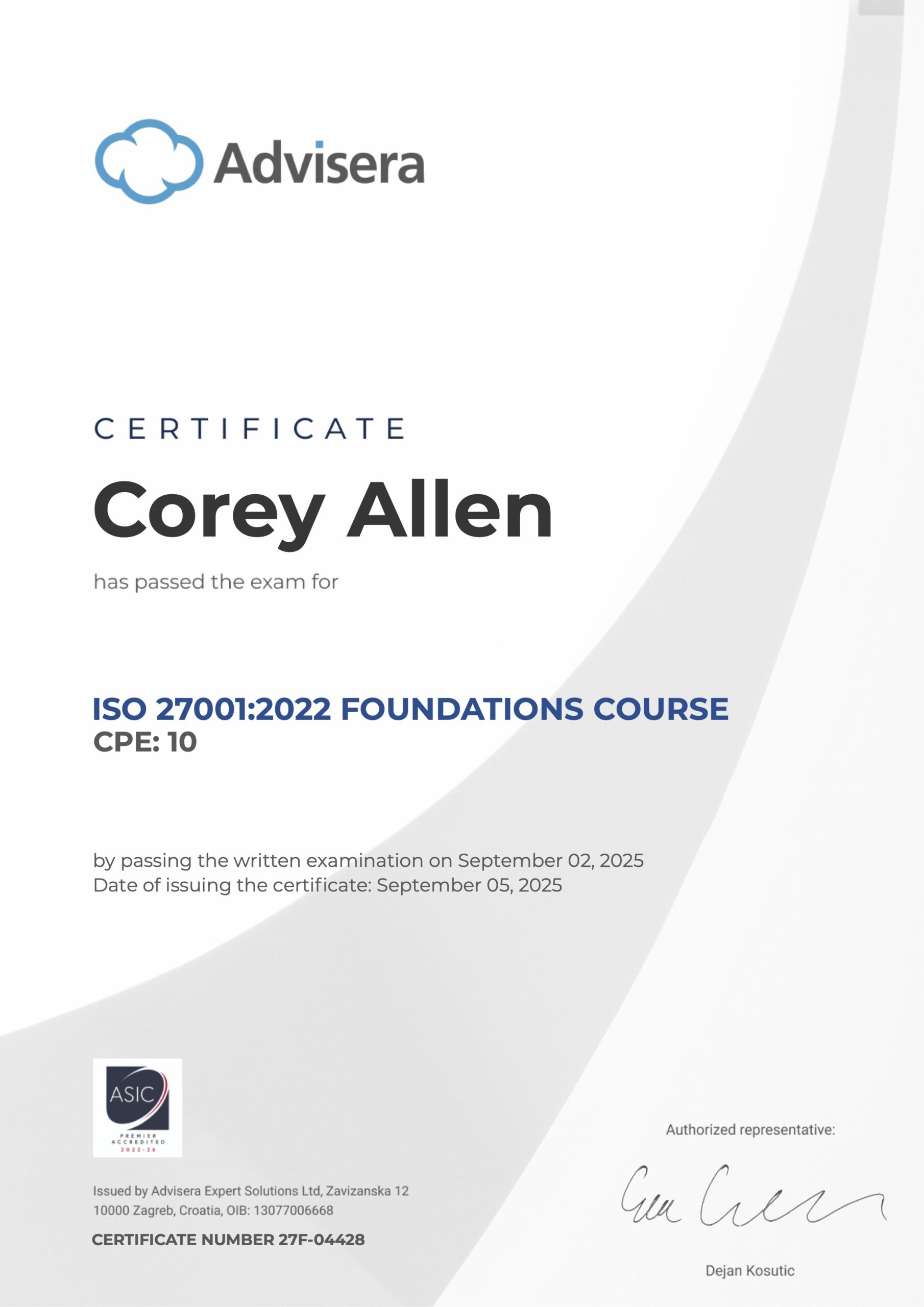27F-04428 Certificate ISO 27001 Foundations Corey Allen