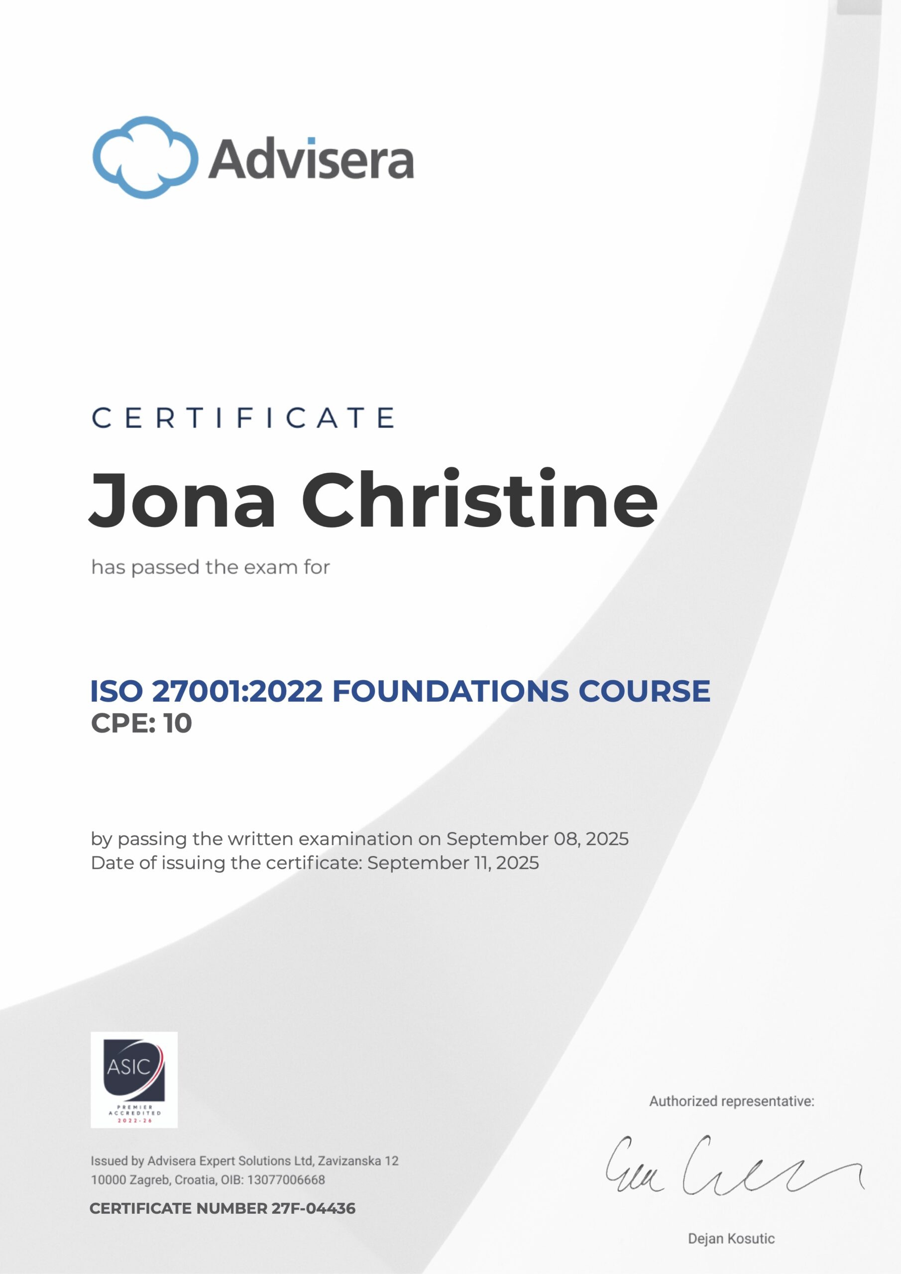 27F-04436 Certificate ISO 27001 Foundations Jona Christine