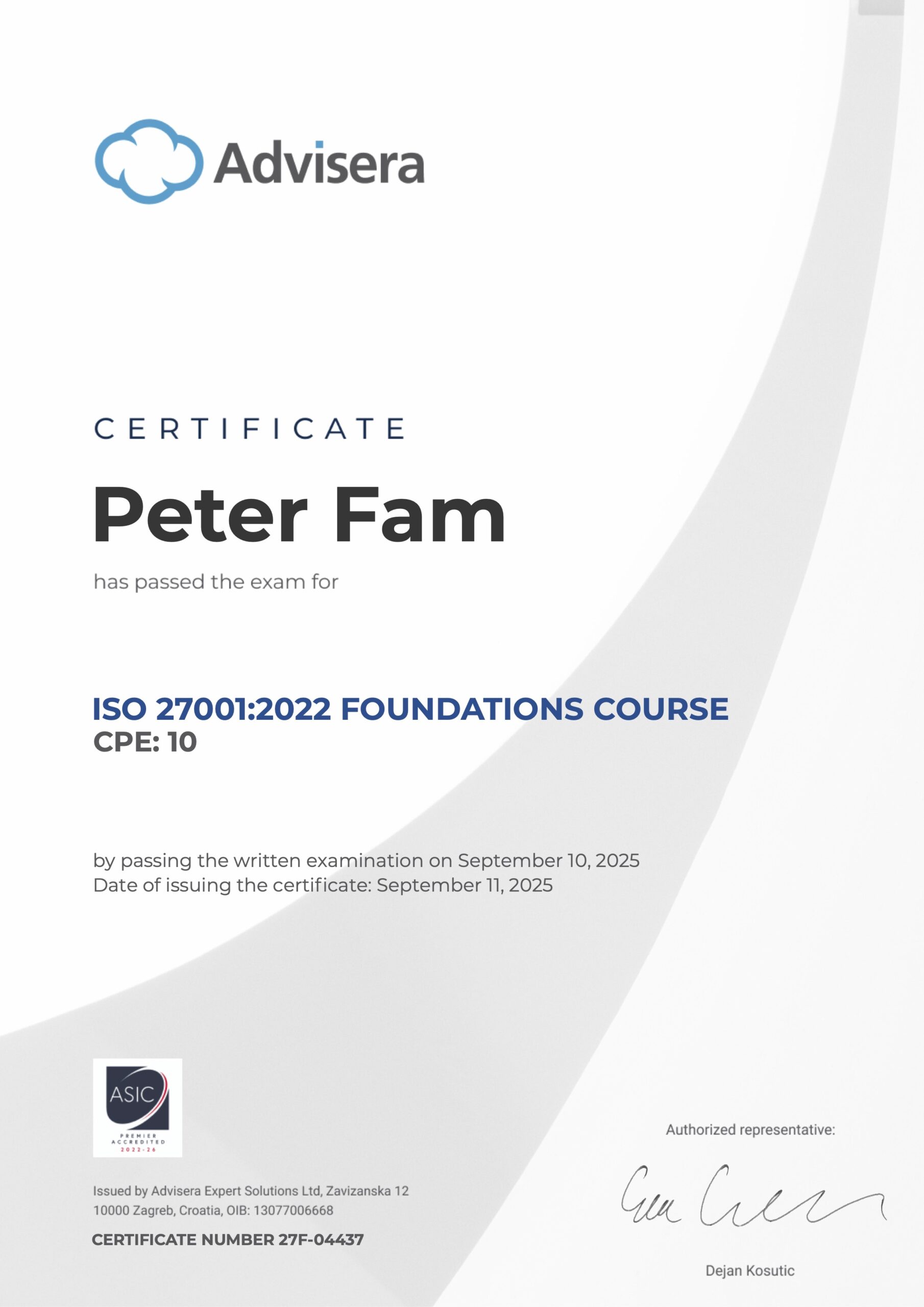 27F-04437 Certificate ISO 27001 Foundations Peter Fam