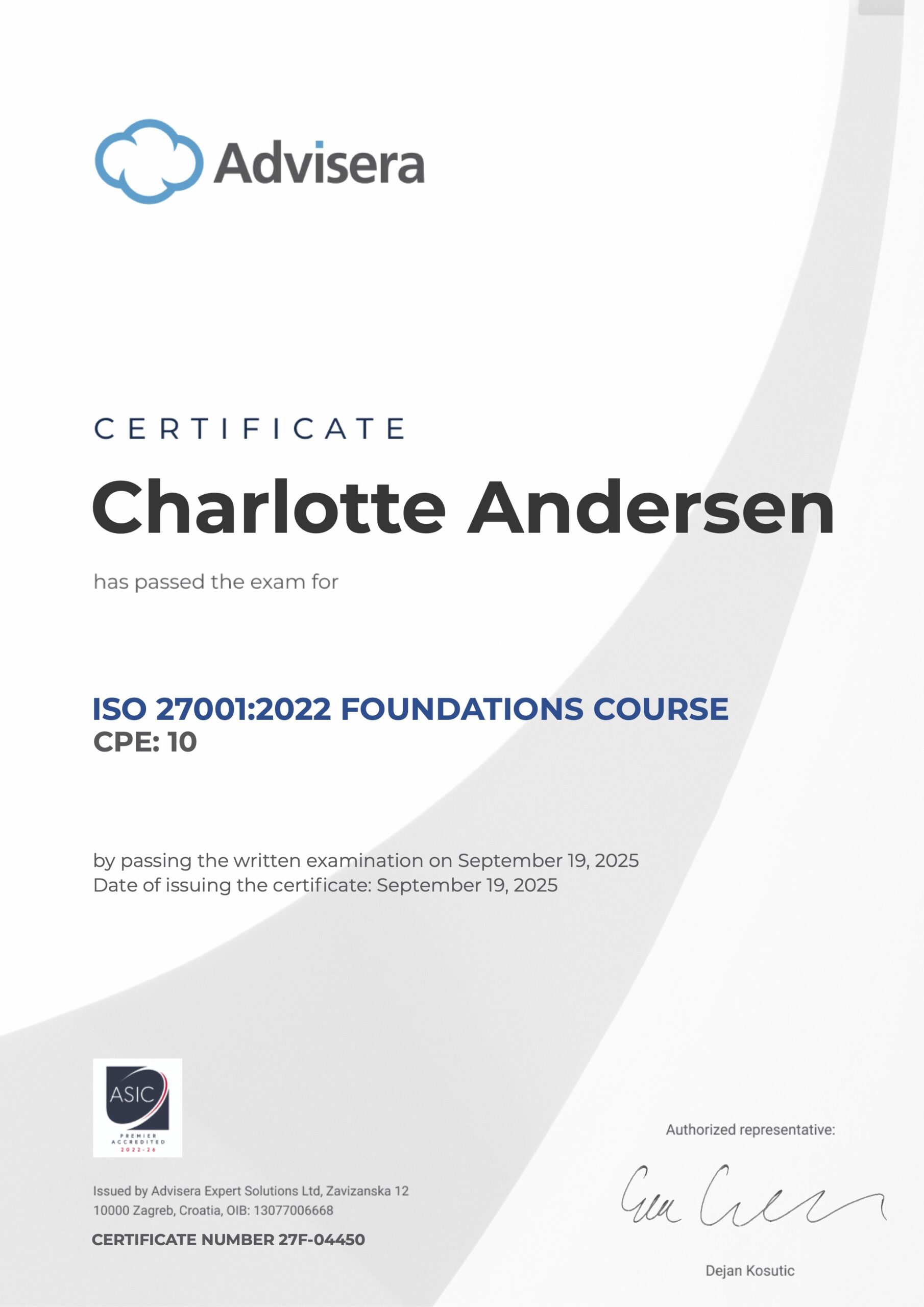 27F-04450 Certificate ISO 27001 Foundations Charlotte Andersen