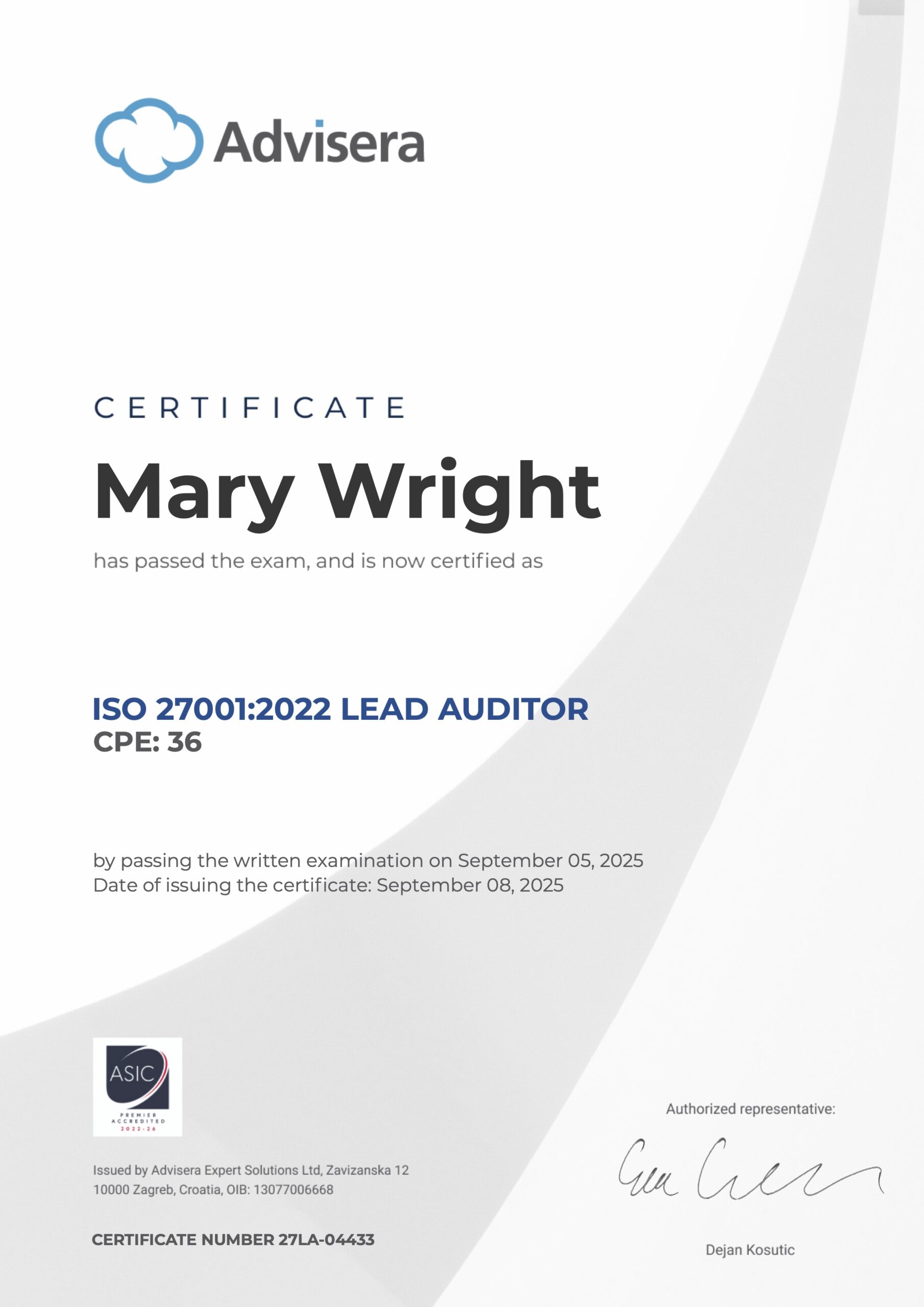 27LA-04433 Certificate ISO 27001 Lead Auditor Mary Wright