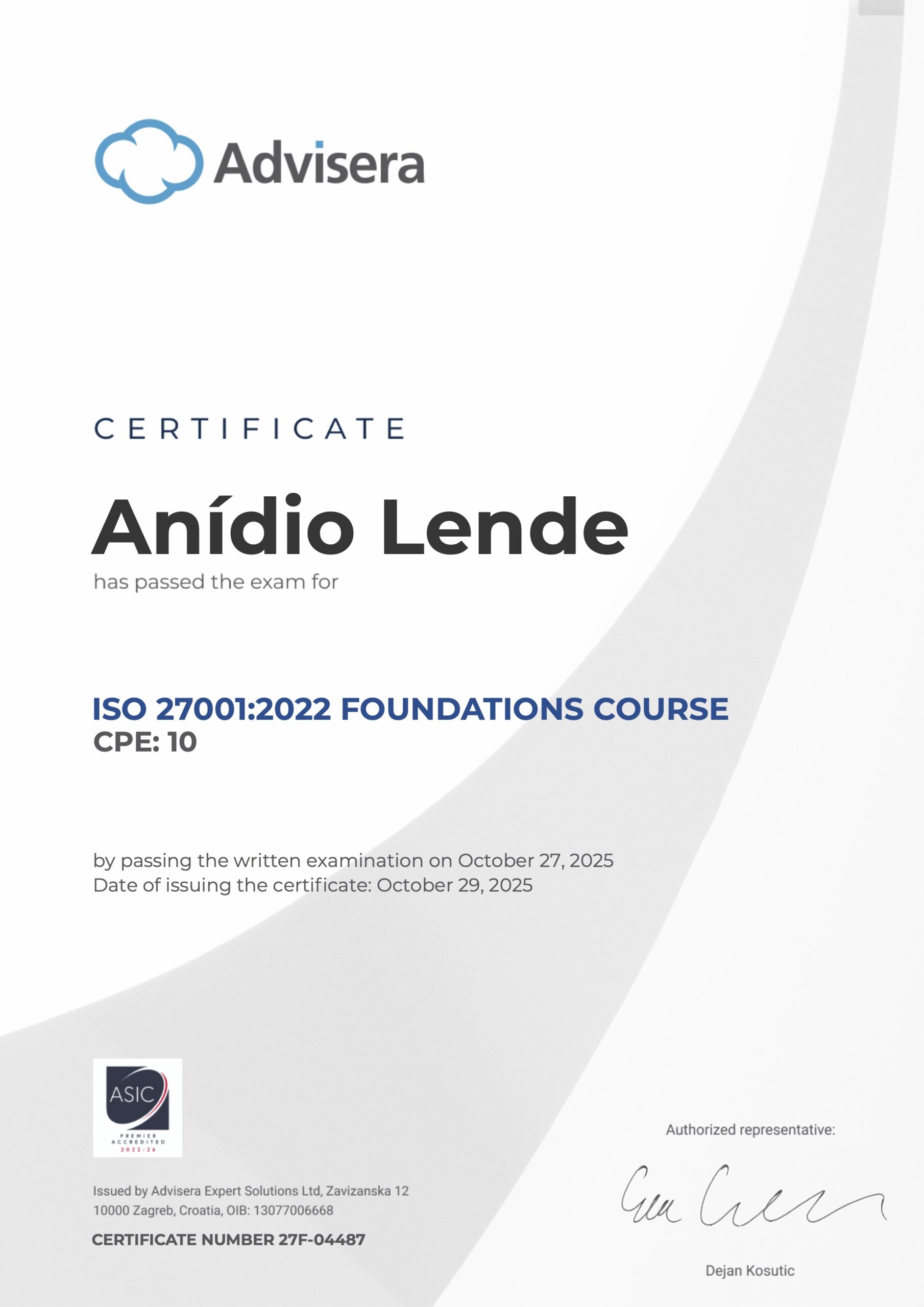 27F-04487 Certificate ISO 27001 Foundations Anídio Lende