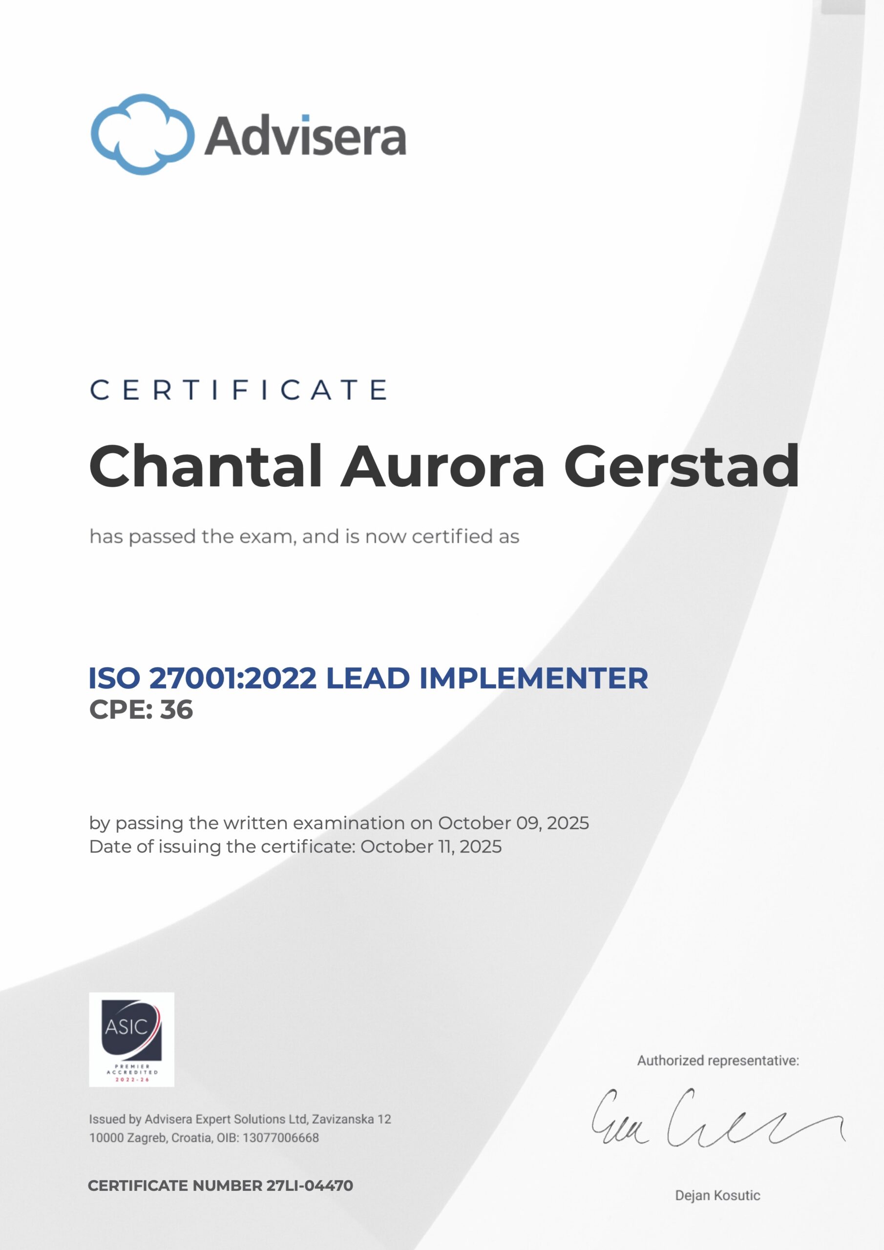 27LI-04470 Certificate ISO 27001 Lead Implementer Chantal Aurora Gerstad