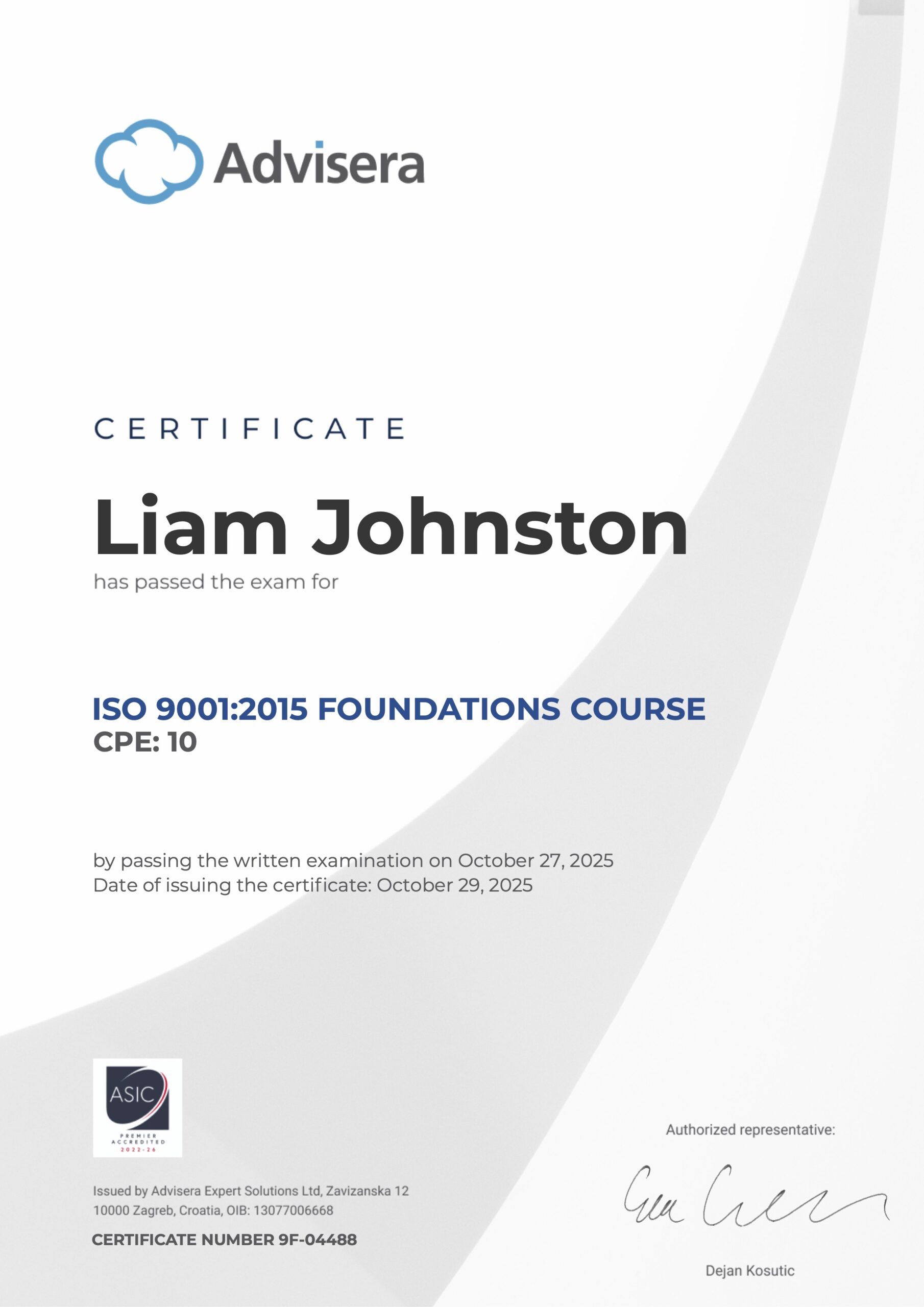9F-04488 Certificate ISO 9001 Foundations Liam Johnston