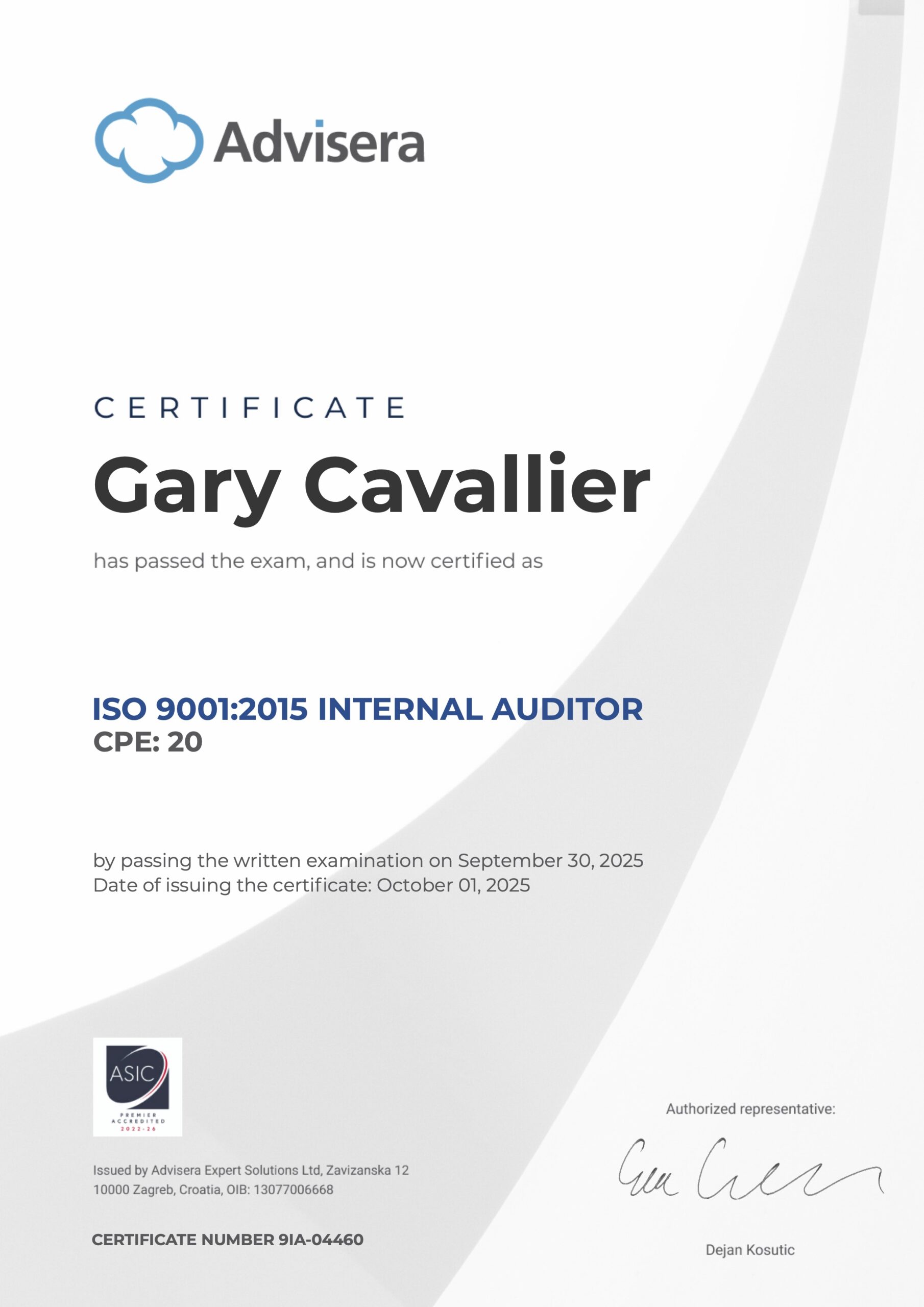 9IA-04460 Certificate ISO 9001 Internal Auditor Gary Cavallier