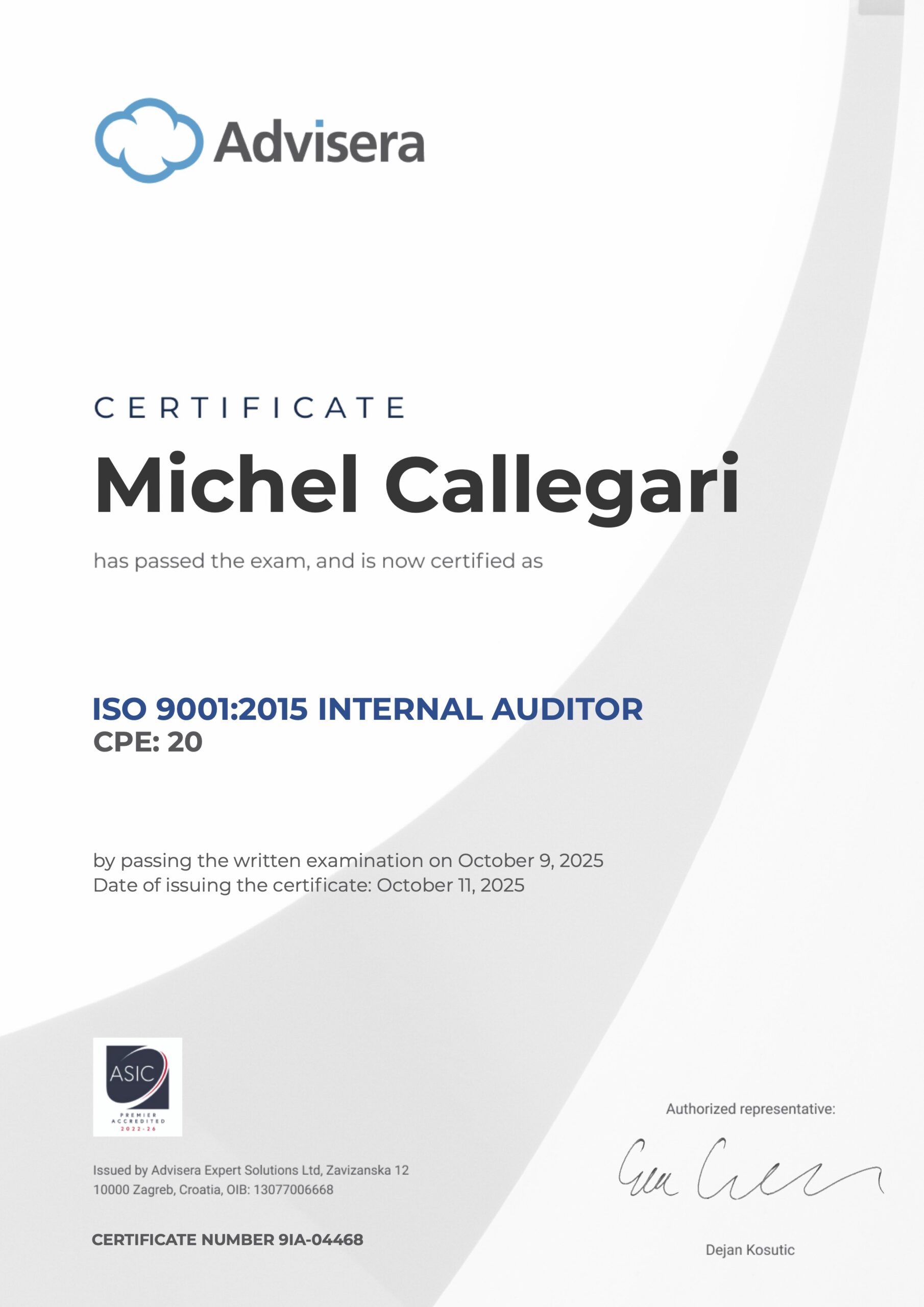 9IA-04468 Certificate ISO 9001 Internal Auditor Michel Callegari