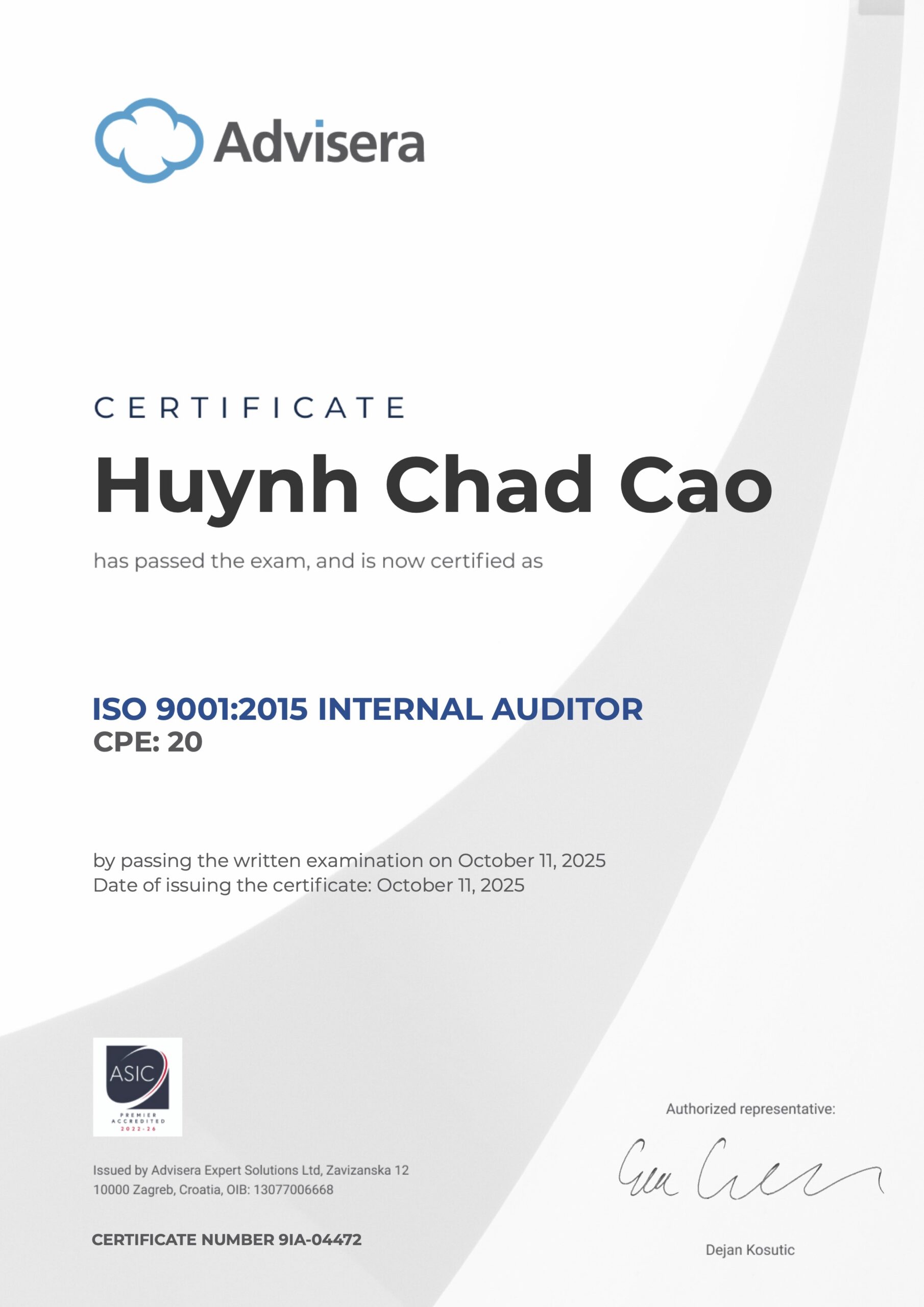 9IA-04472 Certificate ISO 9001 Internal Auditor Huynh Chad Cao
