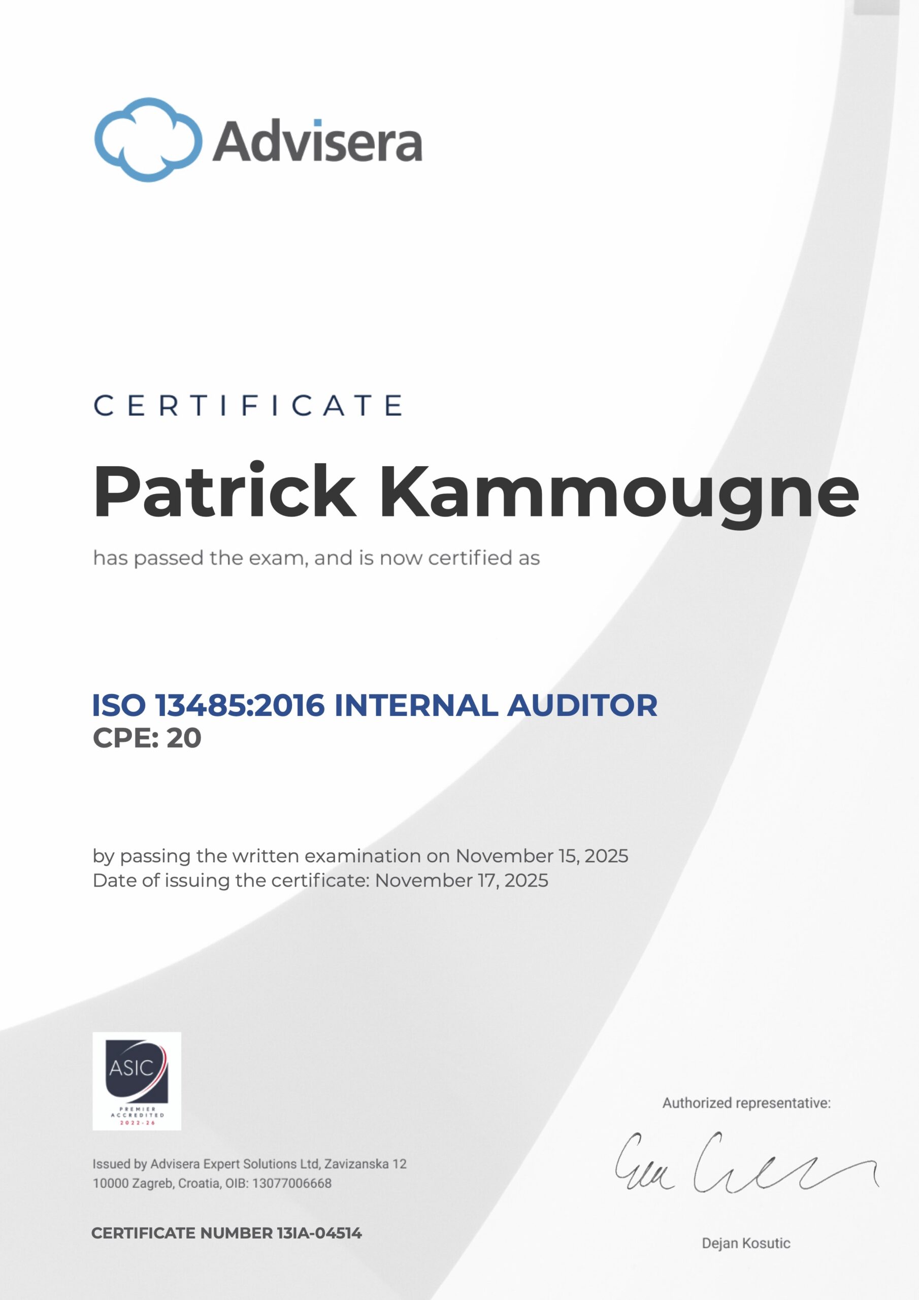 13IA-04514 Certificate ISO 13485 Internal Auditor Patrick Kammougne