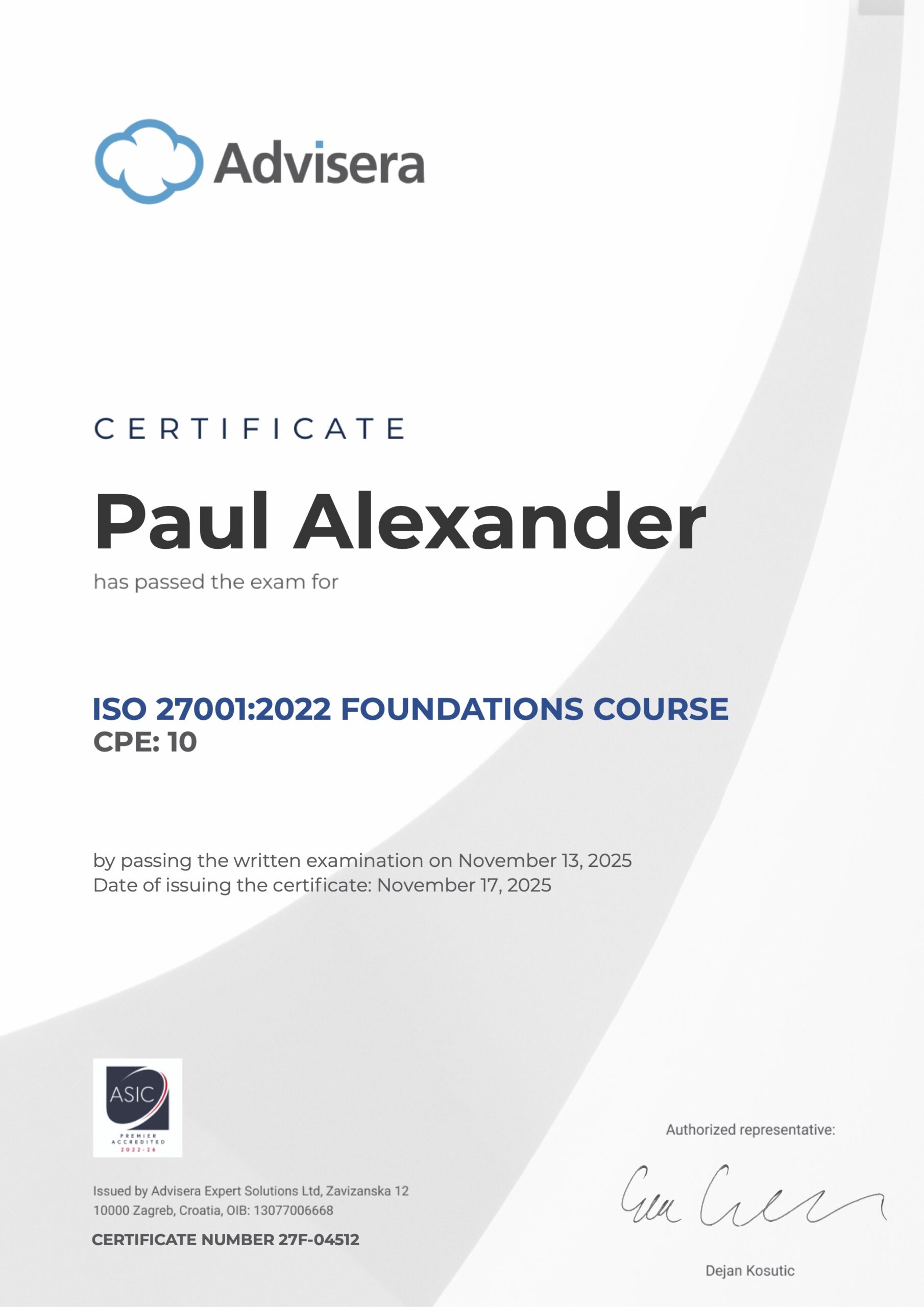 27F-04512 Certificate ISO 27001 Foundations Paul Alexander