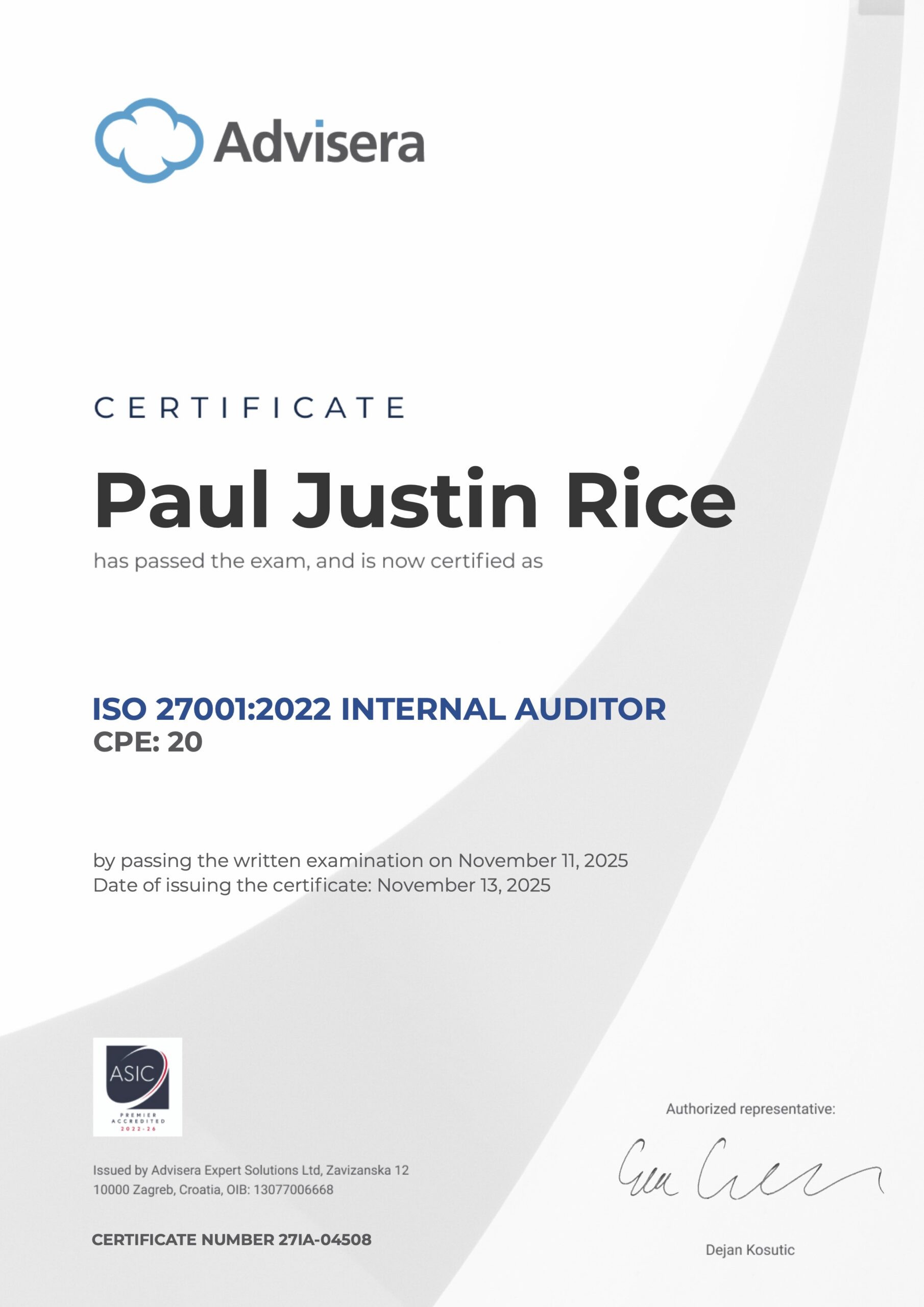 27IA-04508 Certificate ISO 27001 Internal Auditor Paul Justin Rice