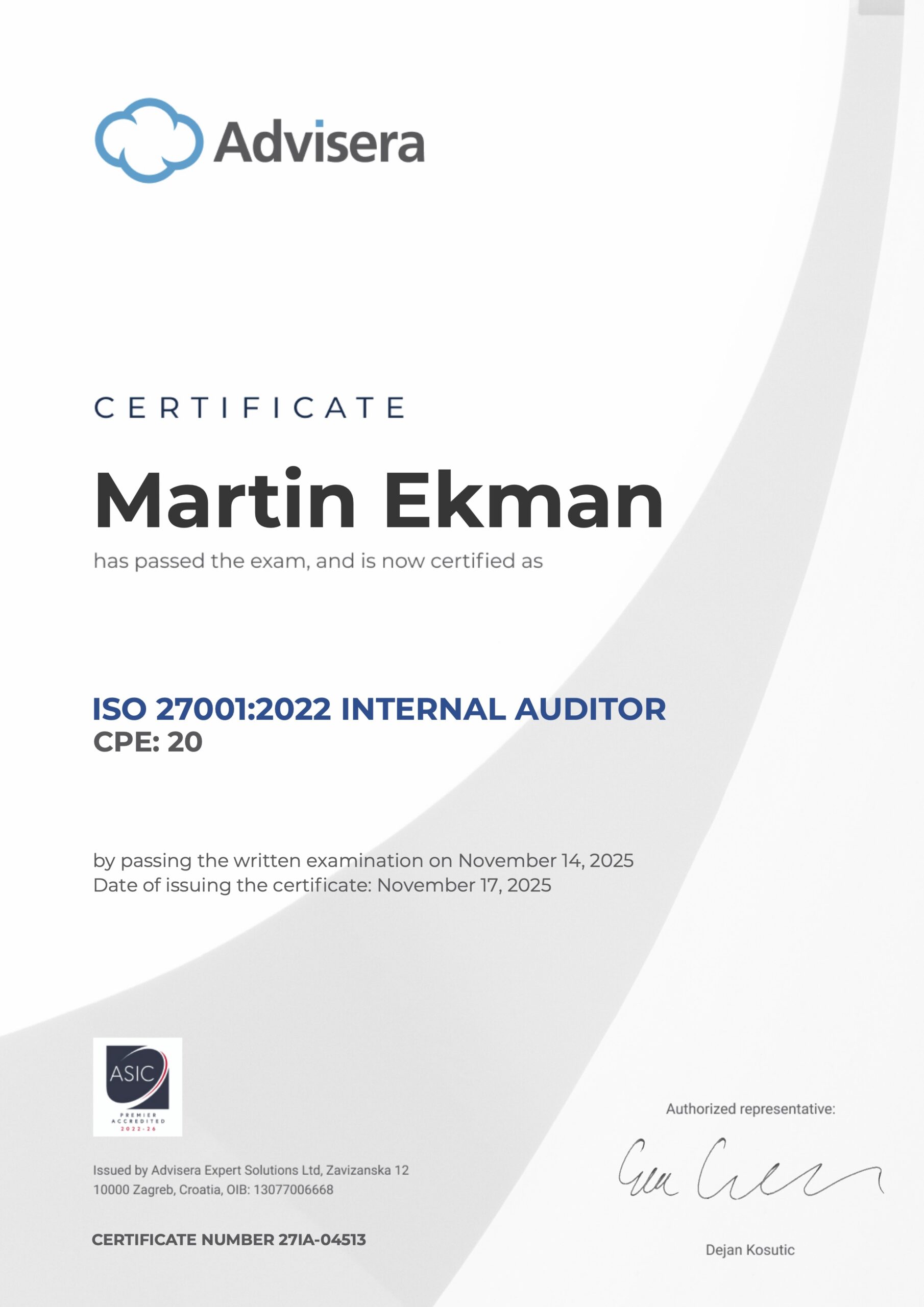 27IA-04513 Certificate ISO 27001 Internal Auditor Martin Ekman