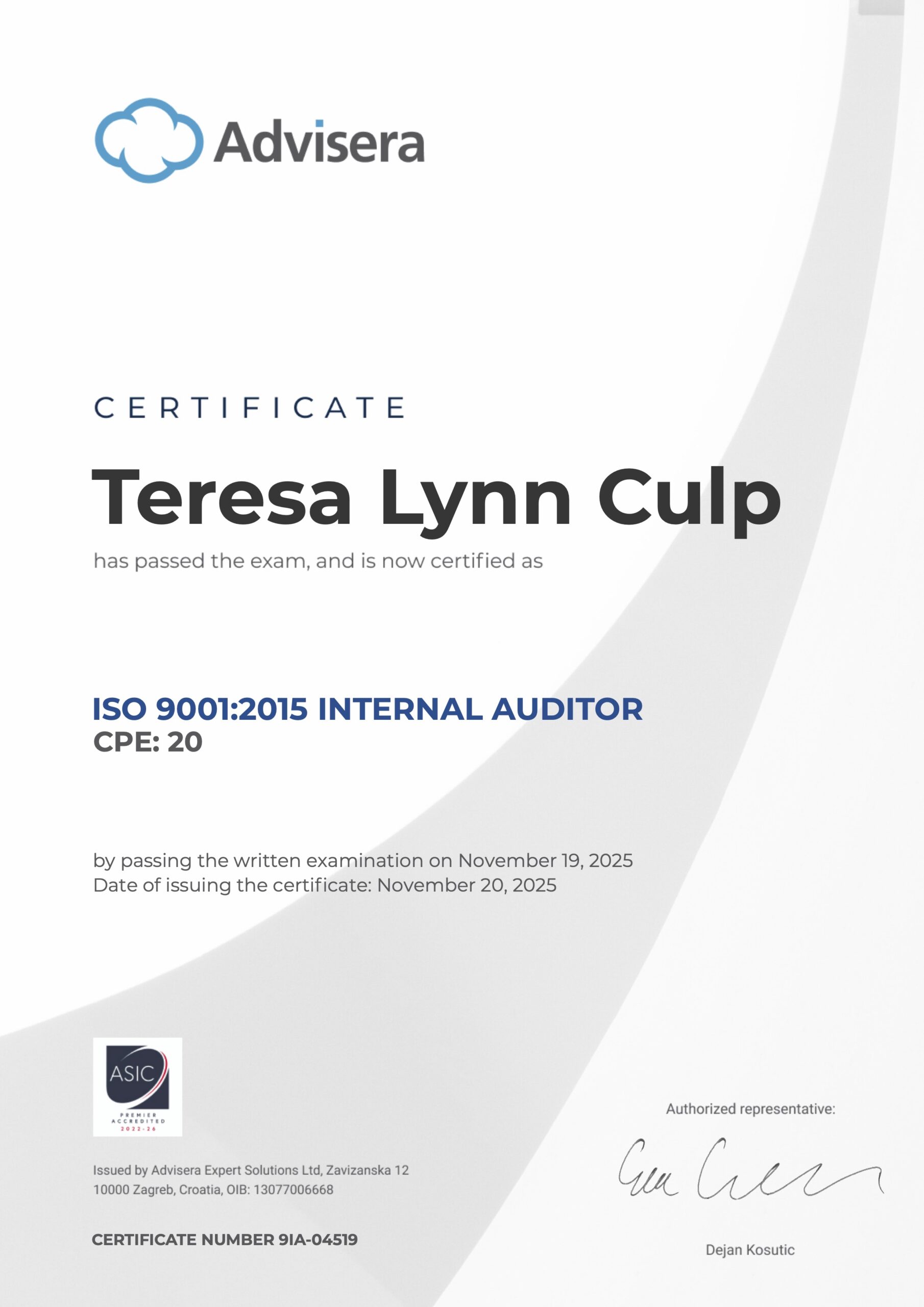 9IA-04519 Certificate ISO 9001 Internal Auditor Teresa Lynn Culp