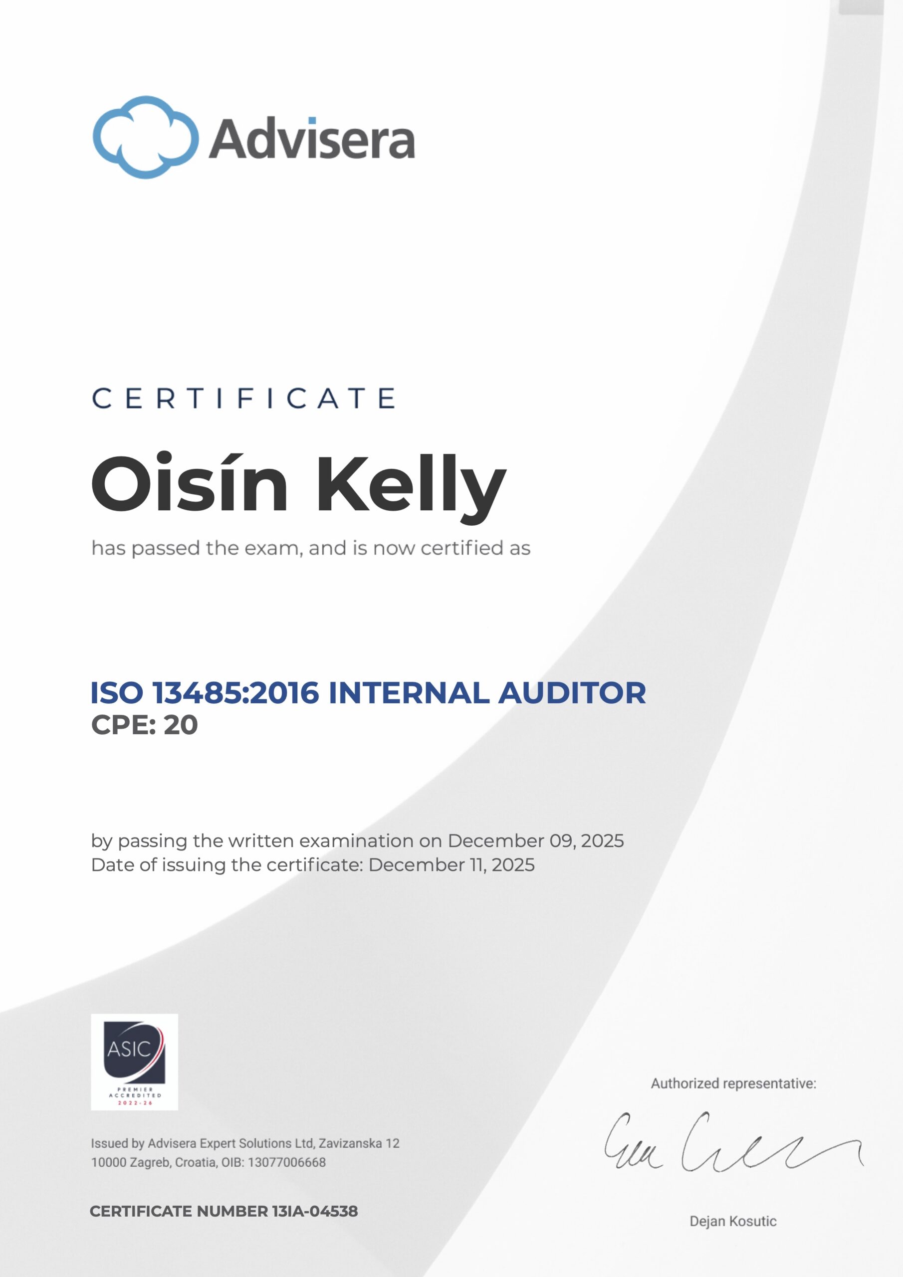 13IA-04538 Certificate ISO 13485 Internal Auditor Oisin Kelly