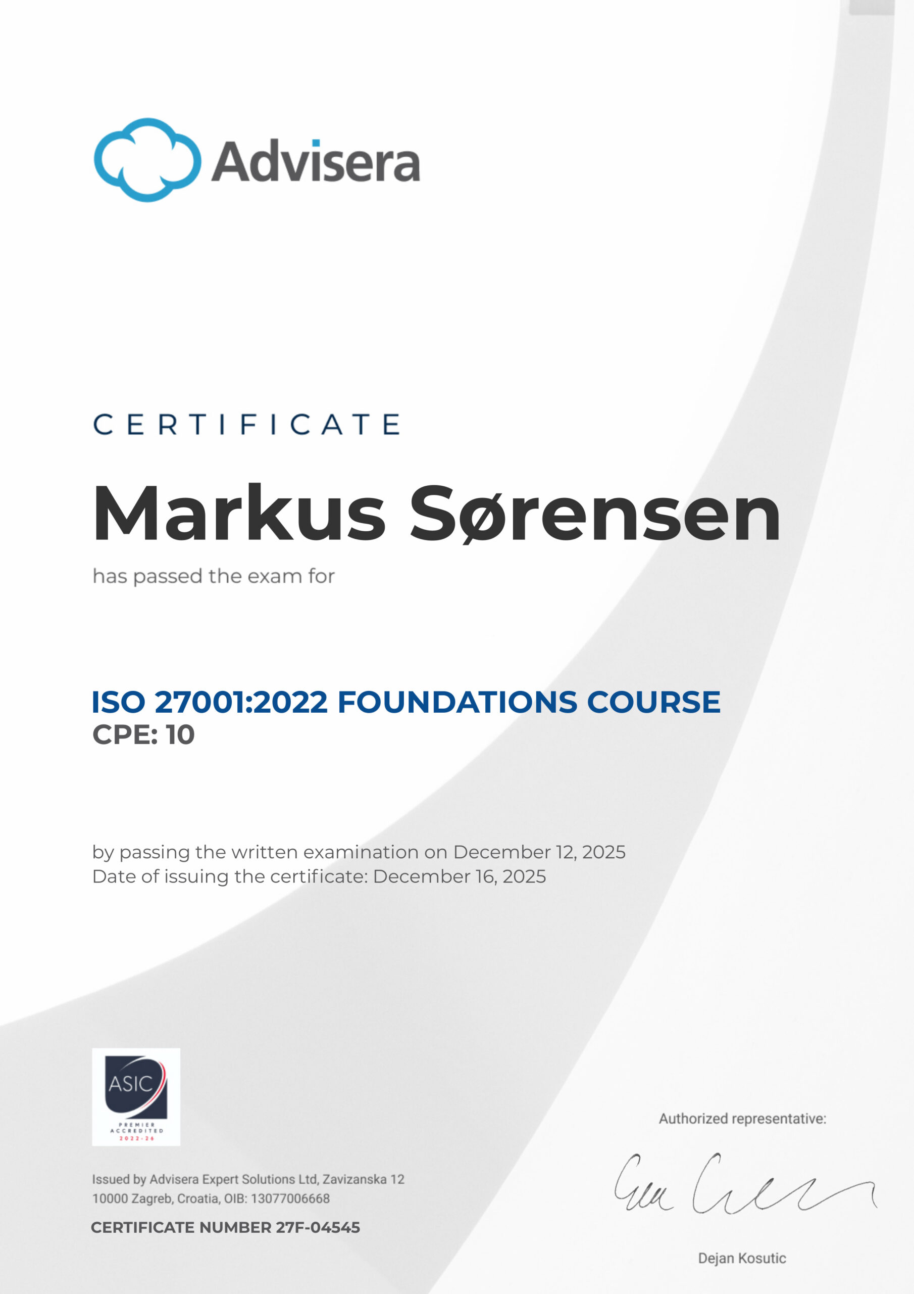 27F-04545 Certificate ISO 27001 Foundations Markus Sørensen