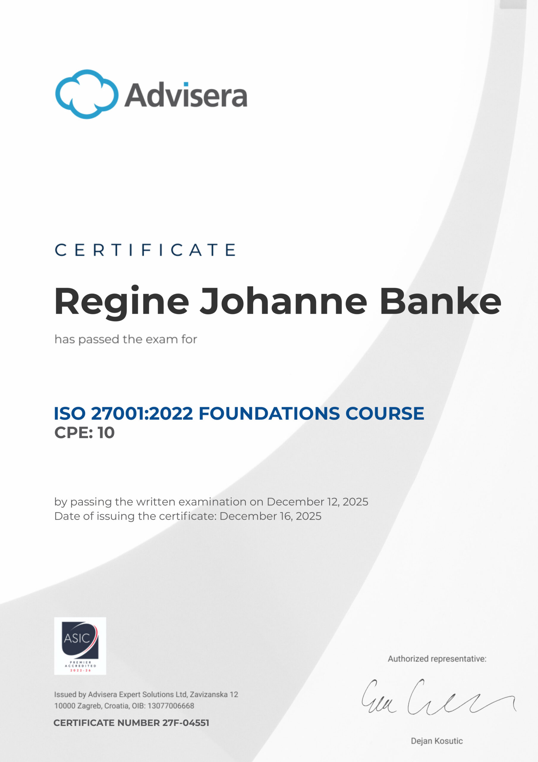 27F-04551 Certificate ISO 27001 Foundations Regine Johanne Banke