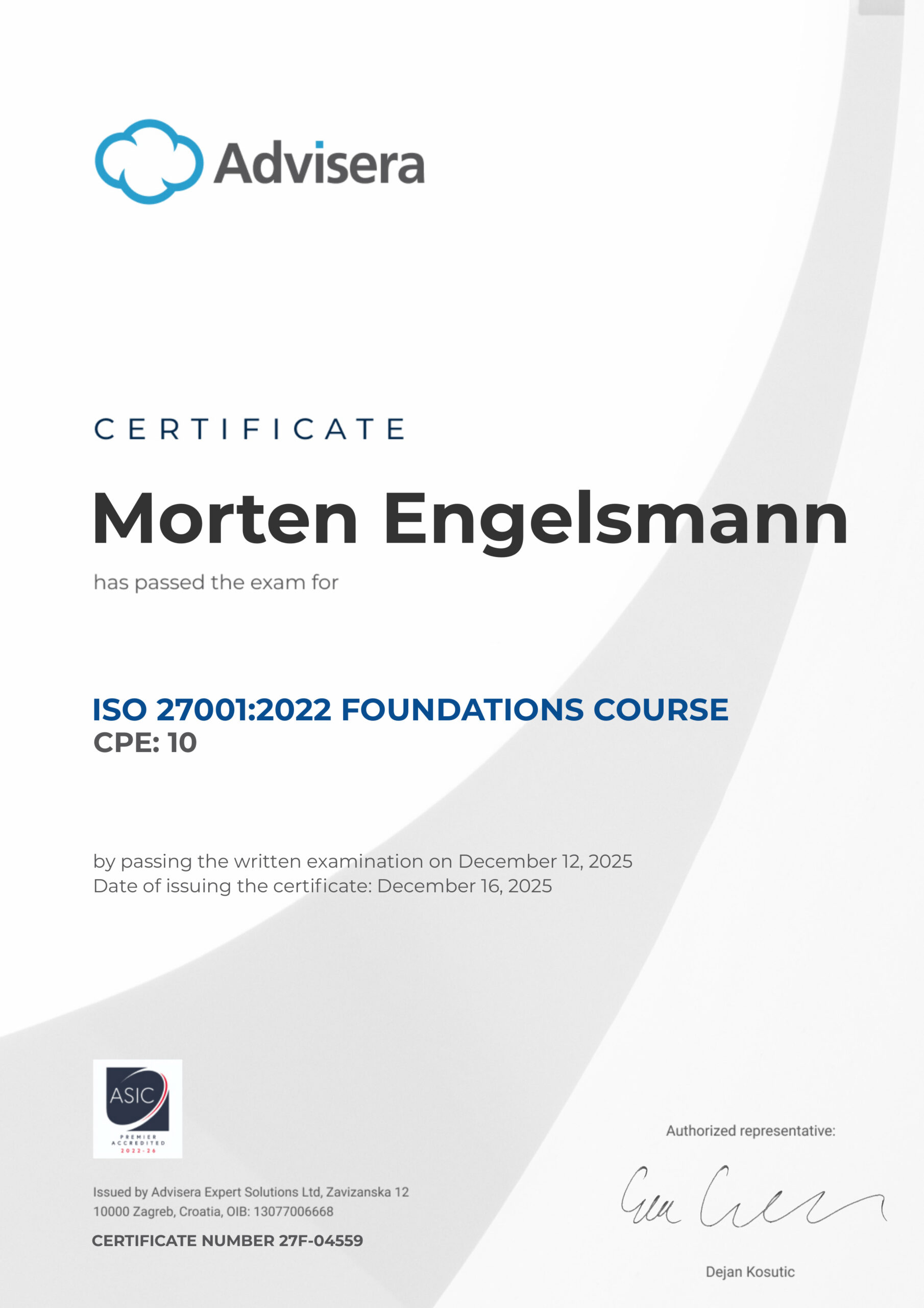 27F-04559 Certificate ISO 27001 Foundations Morten Engelsmann