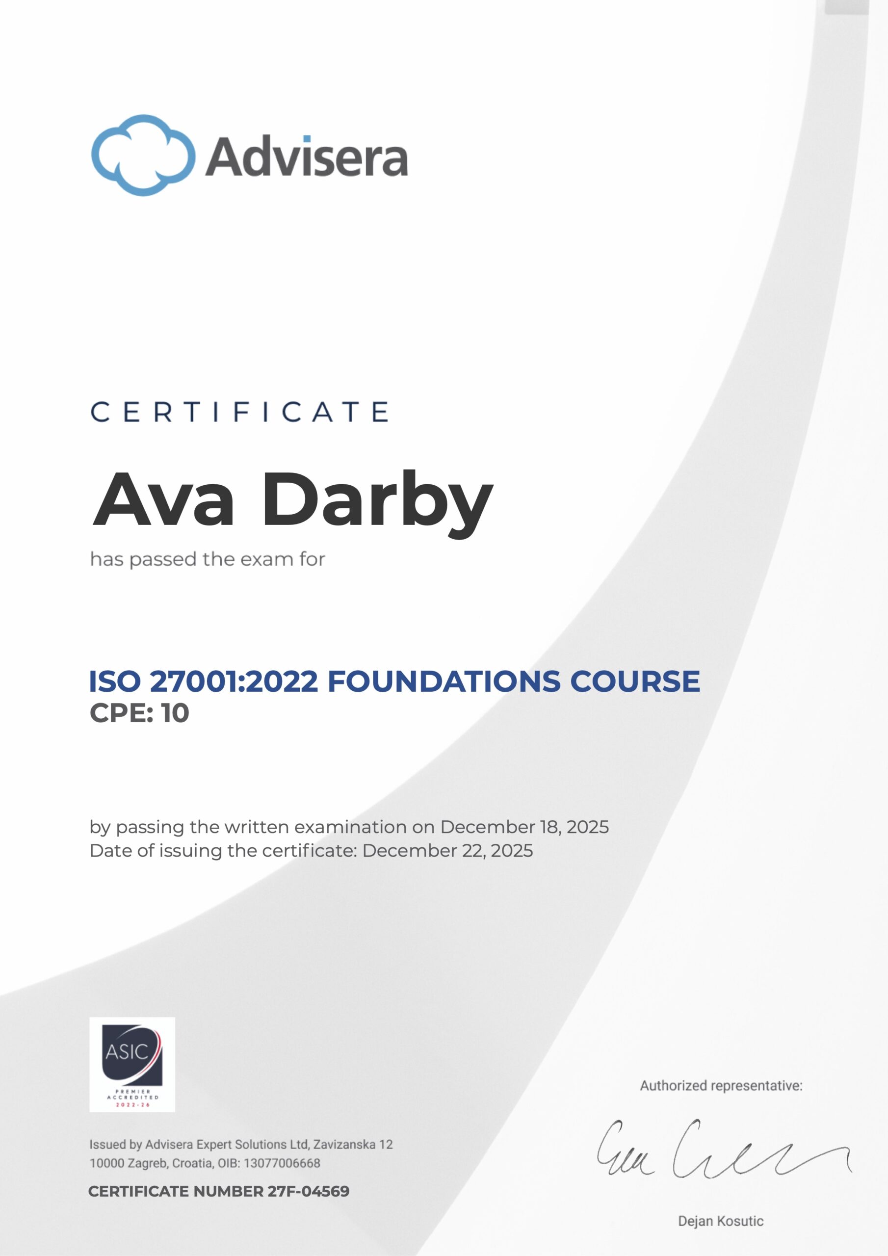 27F-04569 Certificate ISO 27001 Foundations Ava Darby