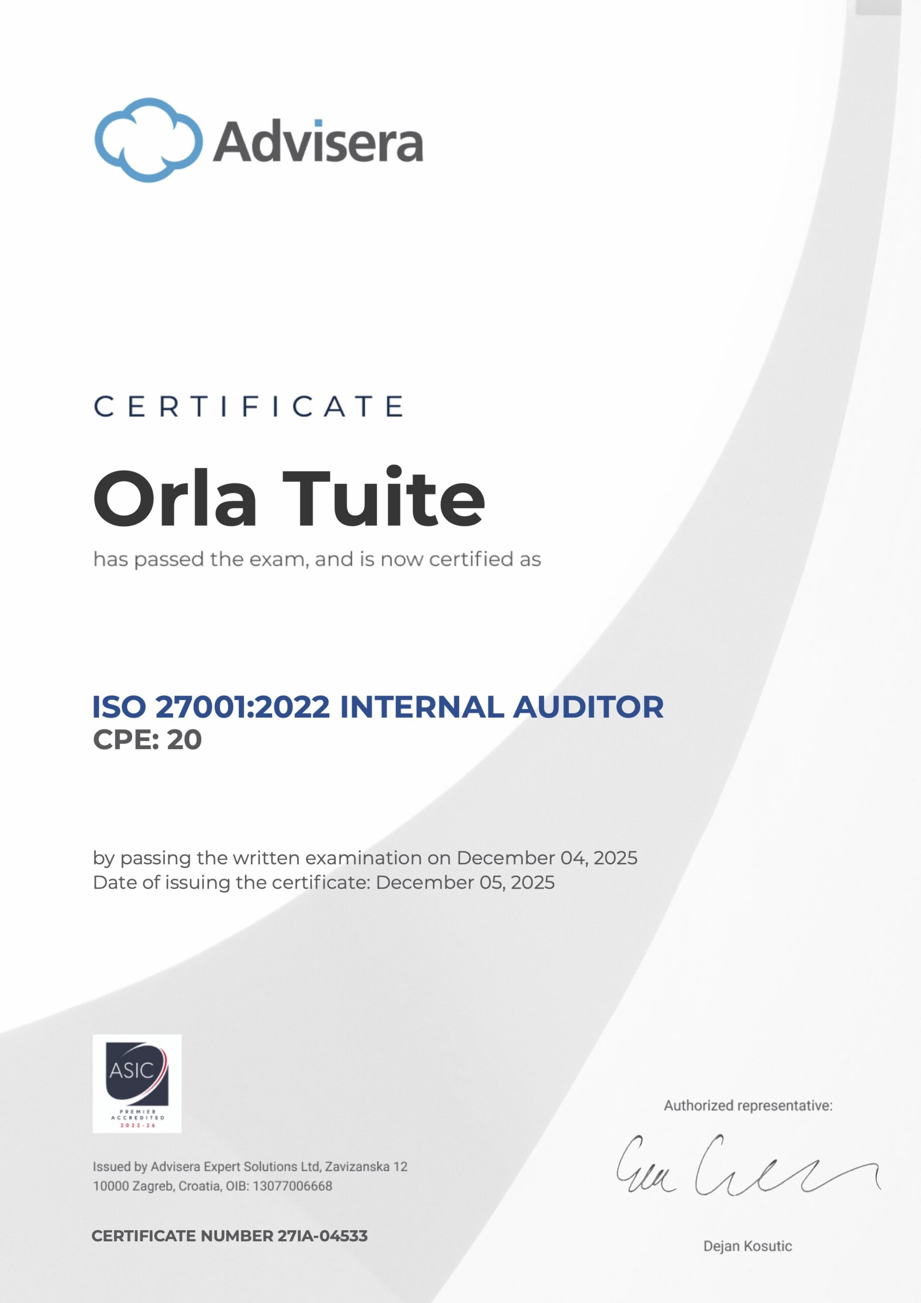 27IA-04533 Certificate ISO 27001 Internal Auditor Orla Tuite