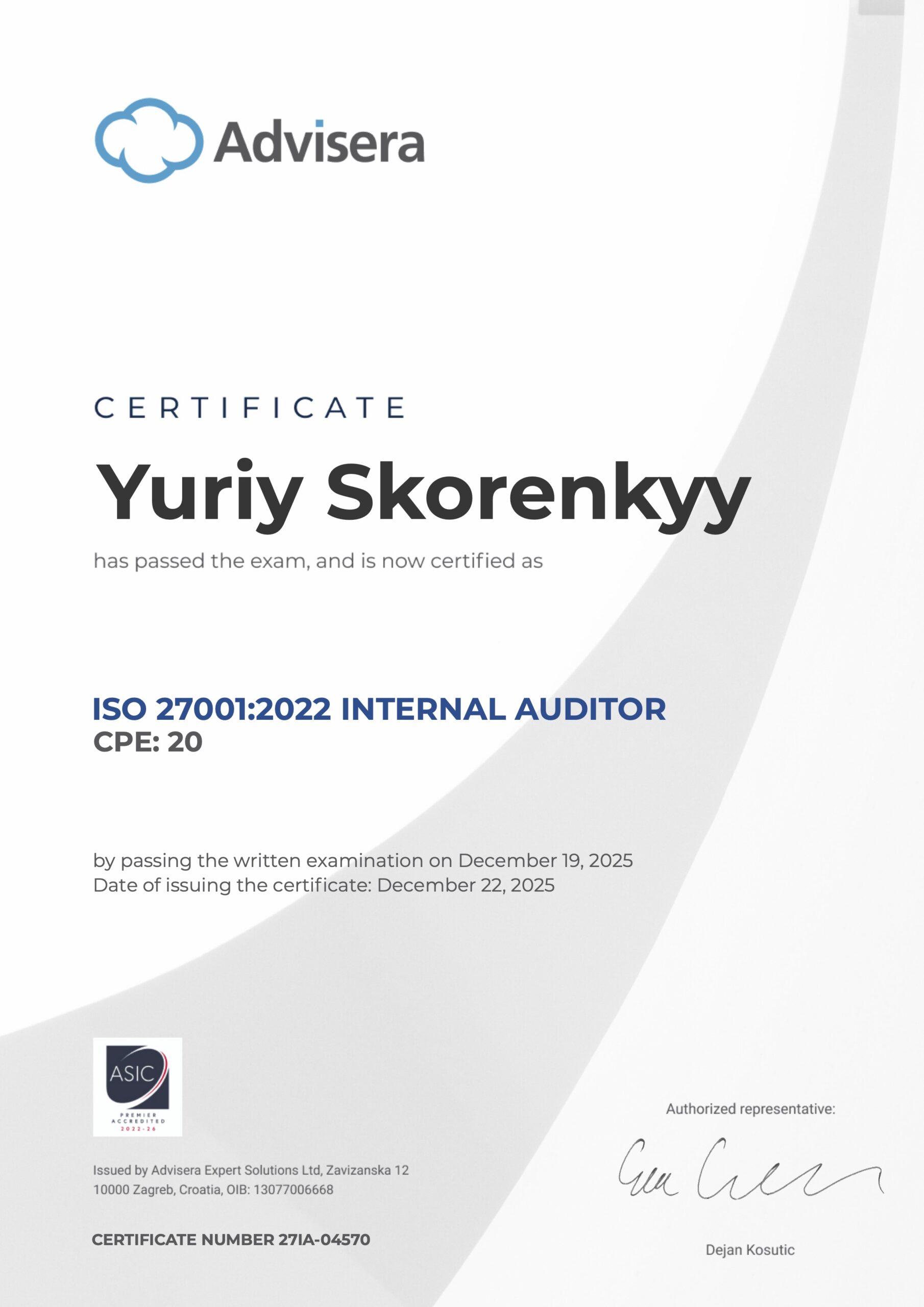 27IA-04570 Certificate ISO 27001 Internal Auditor Yuriy Skorenkyy