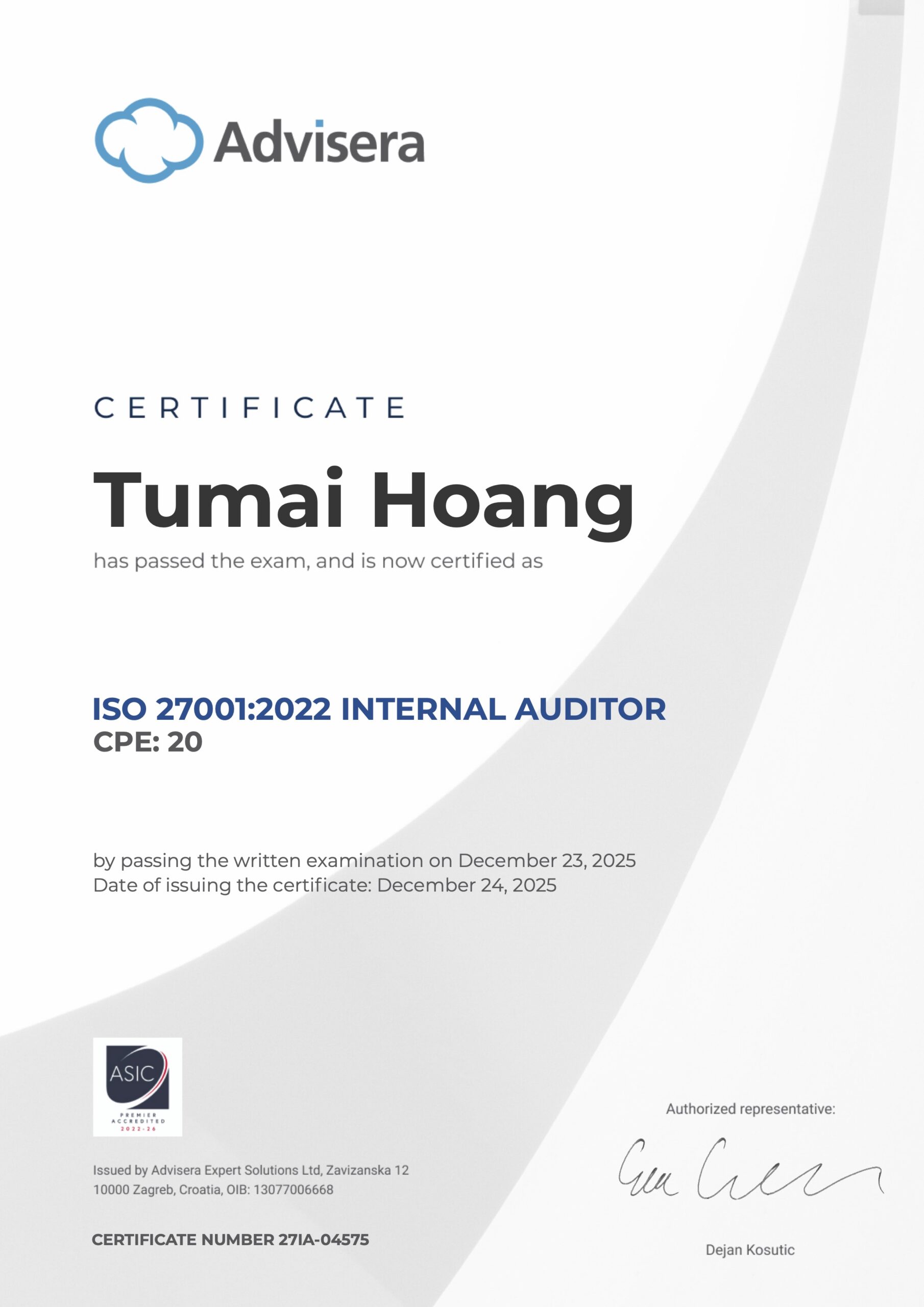 27IA-04575 Certificate ISO 27001 Internal Auditor Tumai Hoang