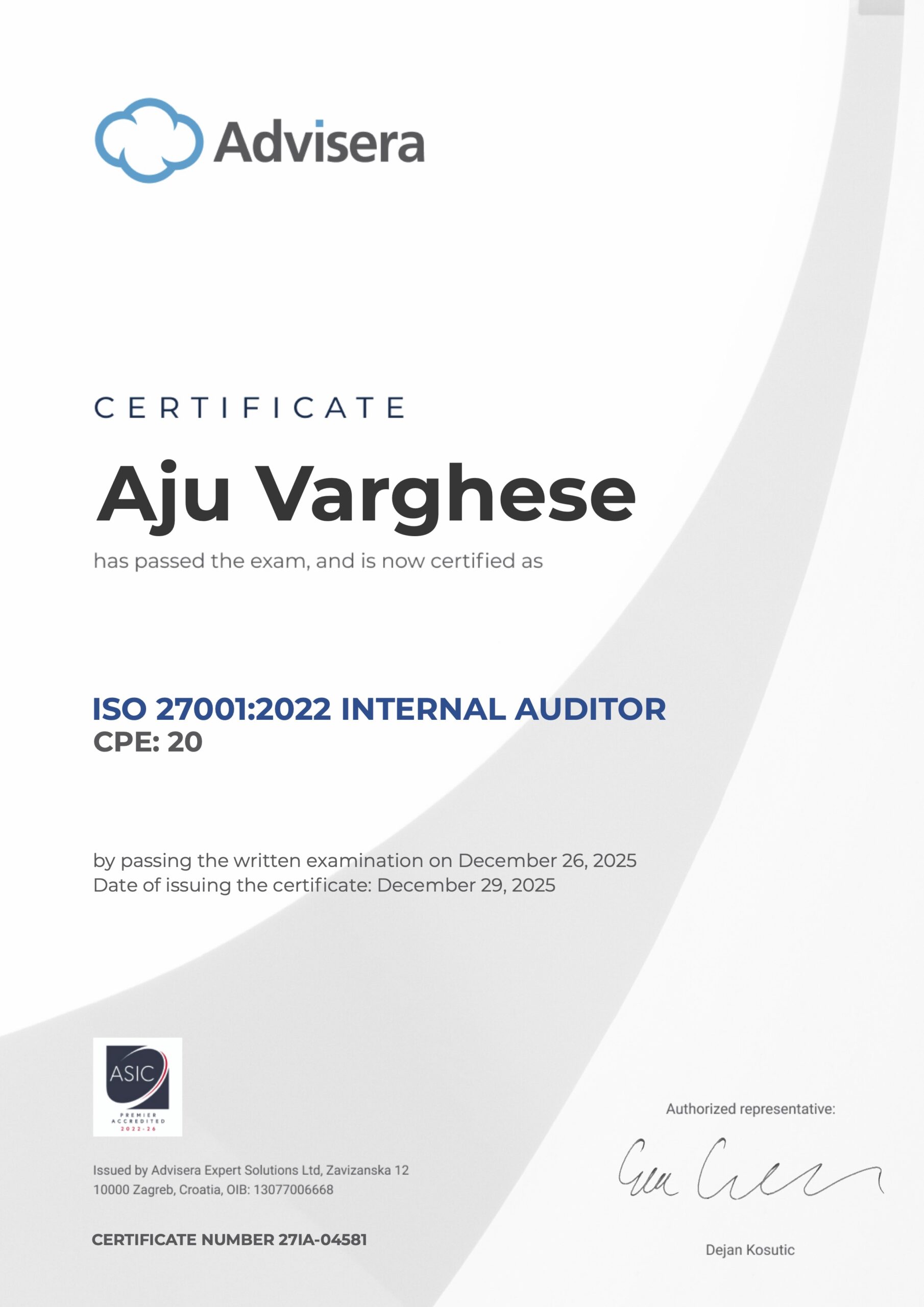 27IA-04581 Certificate ISO 27001 Internal Auditor Aju Varghese