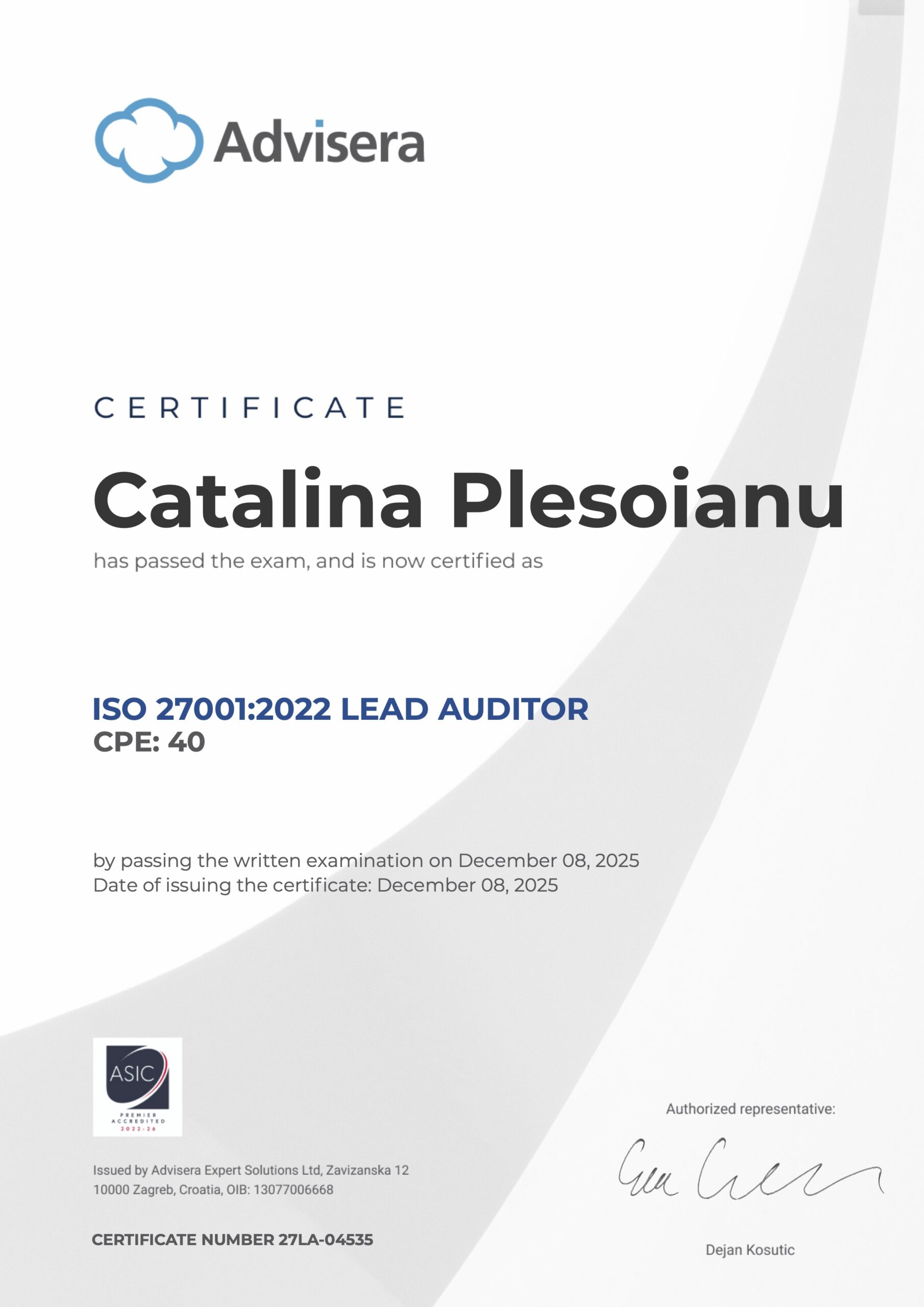 27LA-04535 Certificate ISO 27001 Lead Auditor Catalina Plesoianu