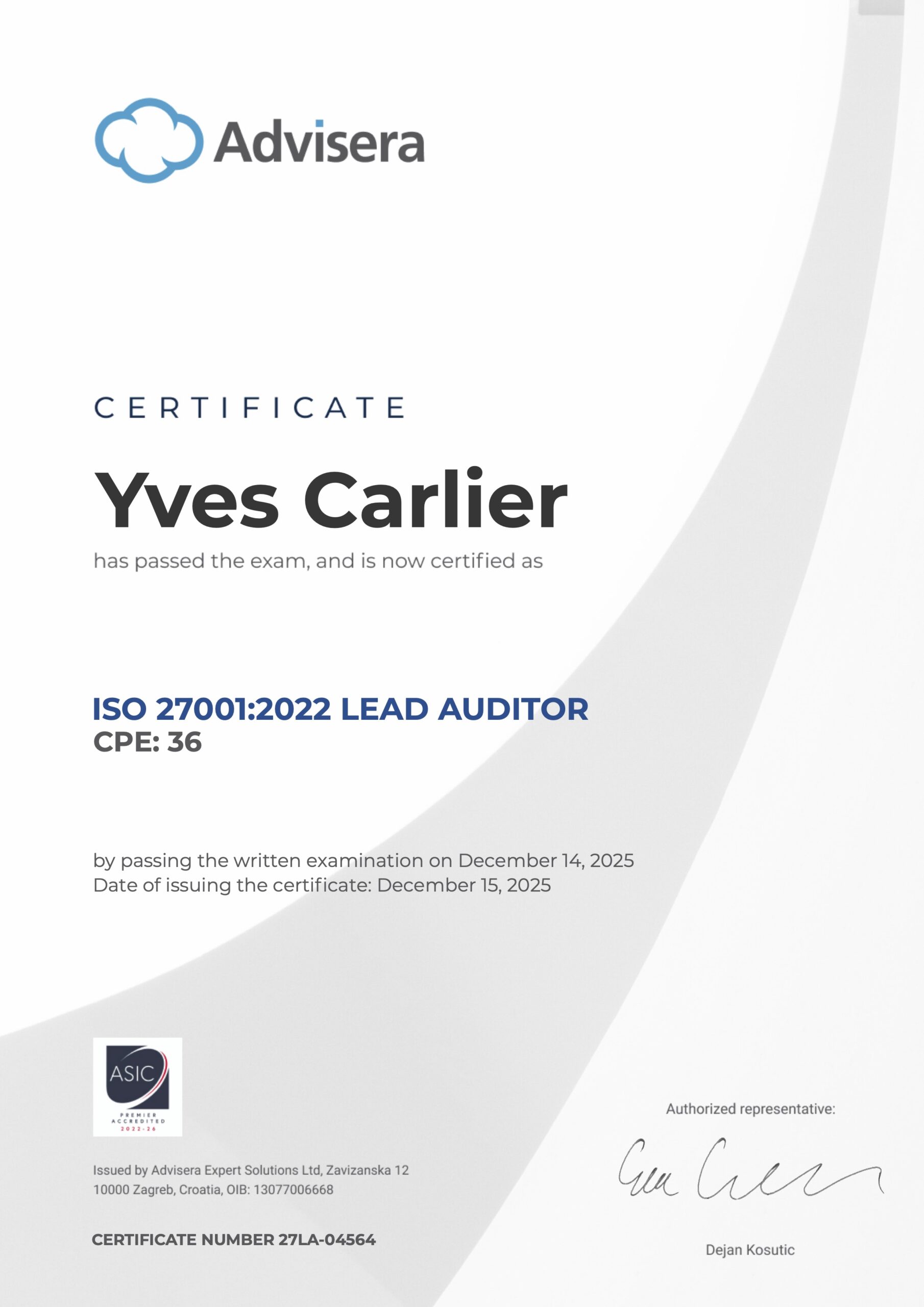 27LA-04564 Certificate ISO 27001 Lead Auditor Yves Carlier