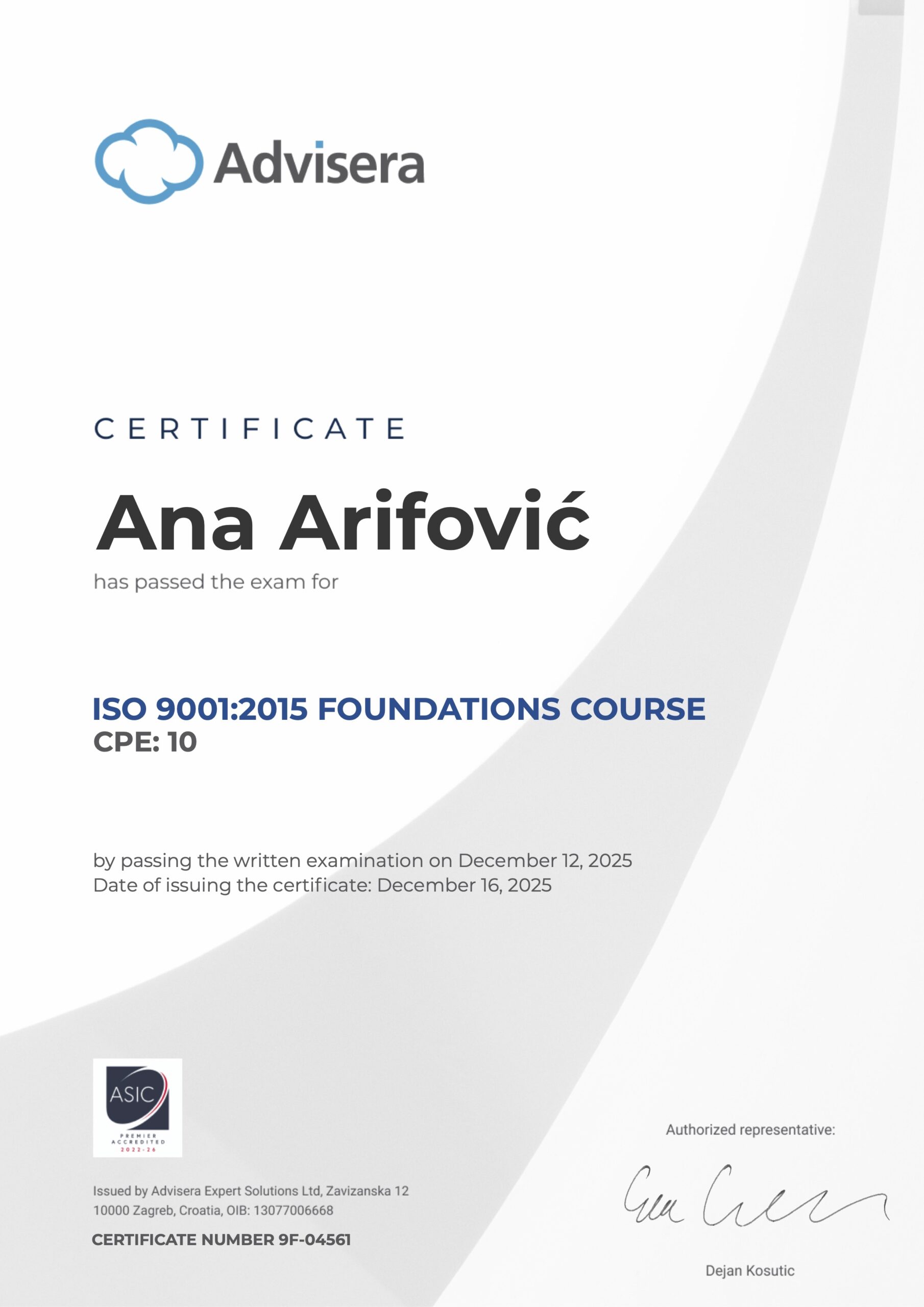 9F-04561 Certificate ISO 9001 Foundations Ana Arifović