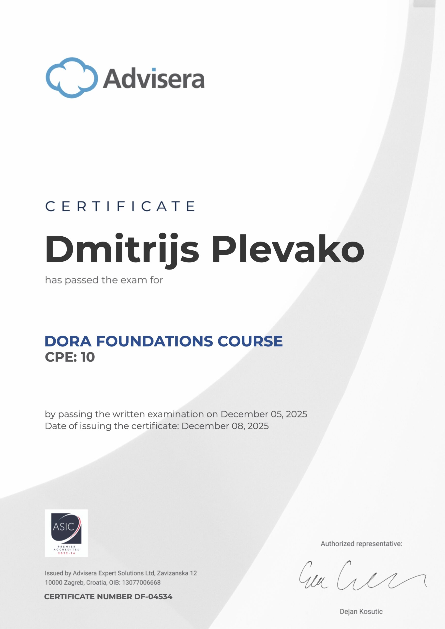 DF-04534 Certificate DORA Foundations Dmitrijs Plevako