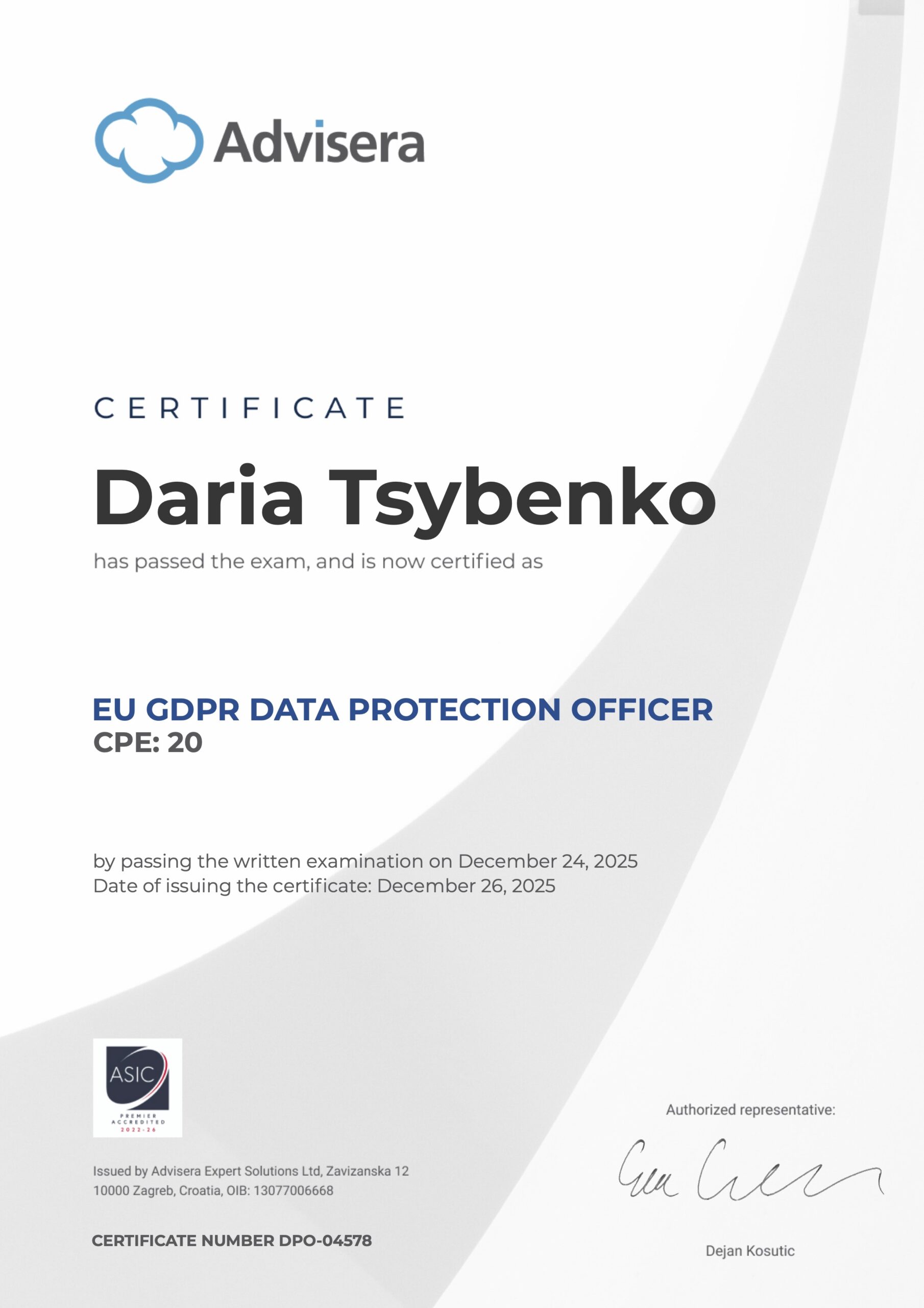 DPO-04578 Certificate EU GDPR DPO Daria Tsybenko