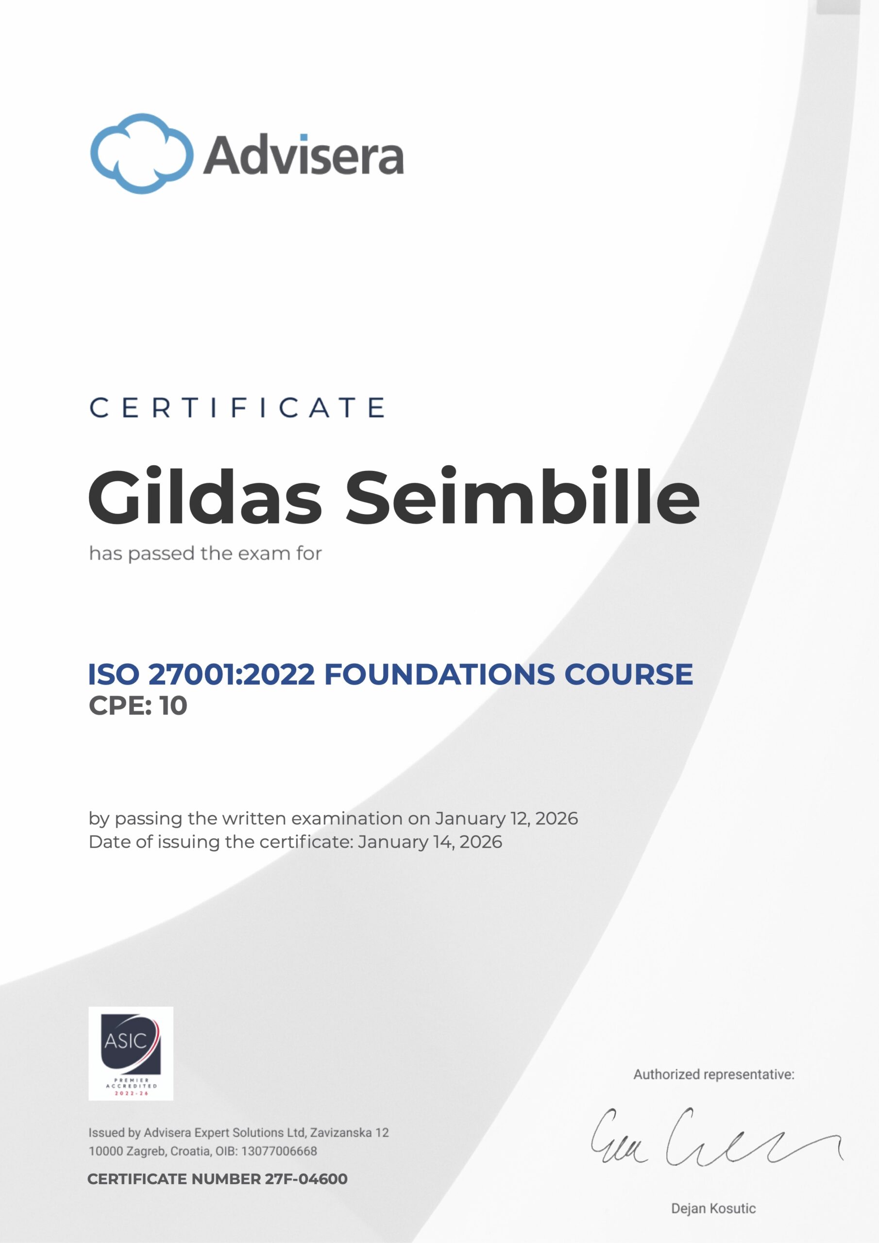 27F-04600 Certificate ISO 27001 Foundations Gildas Seimbille