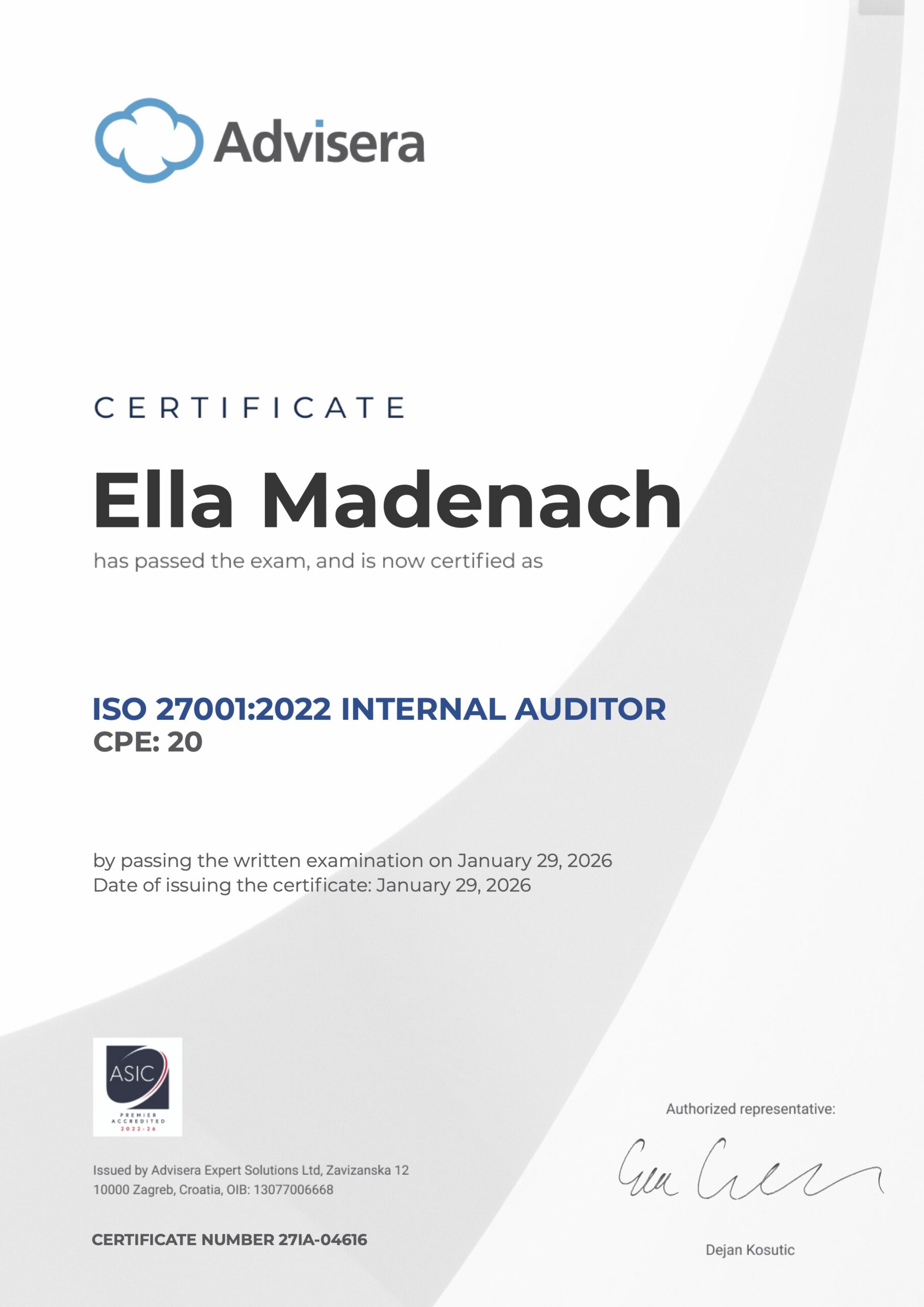 27IA-04616 Certificate ISO 27001 Internal Auditor Ella Madenach