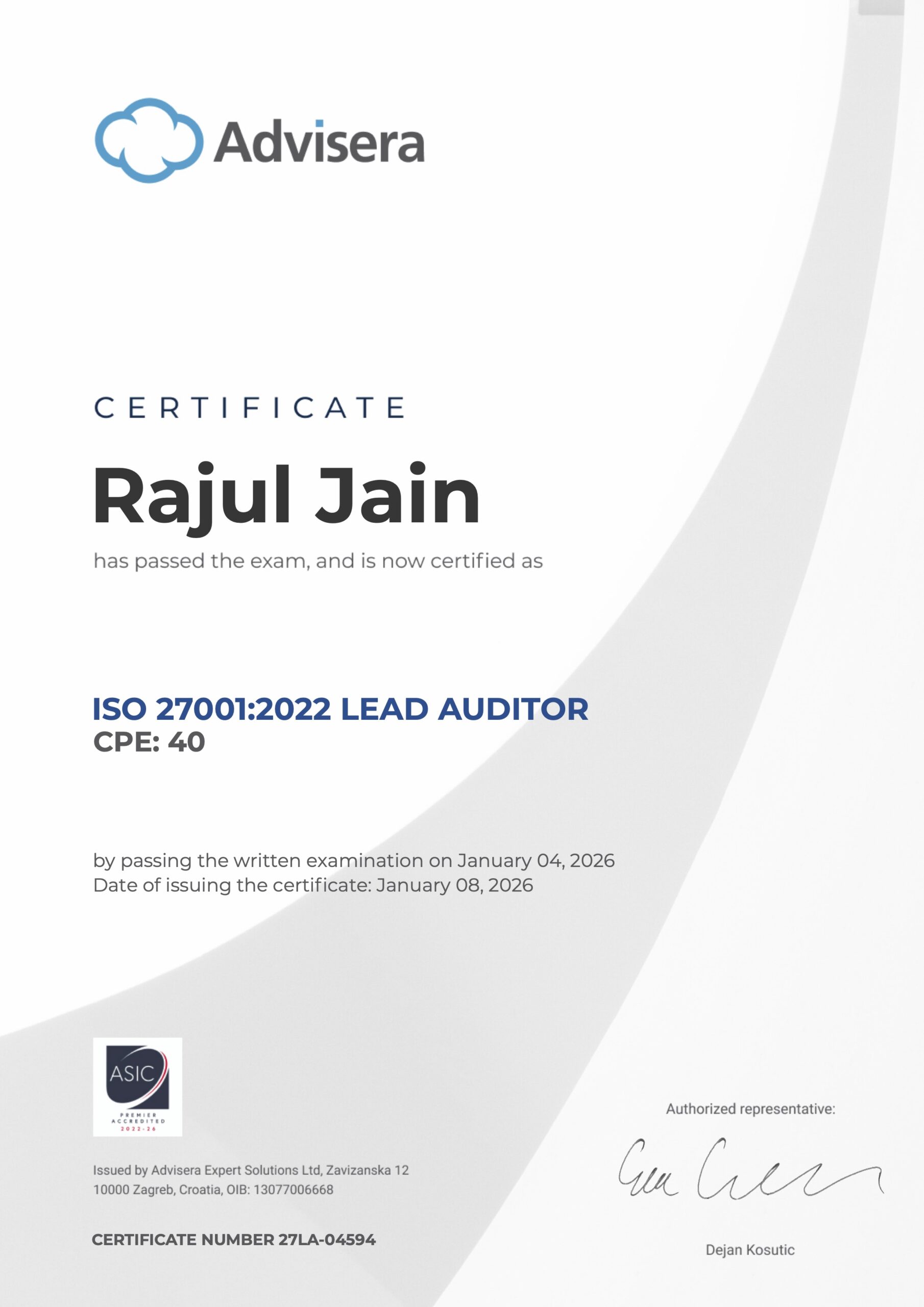 27LA-04594 Certificate ISO 27001 Lead Auditor Rajul Jain