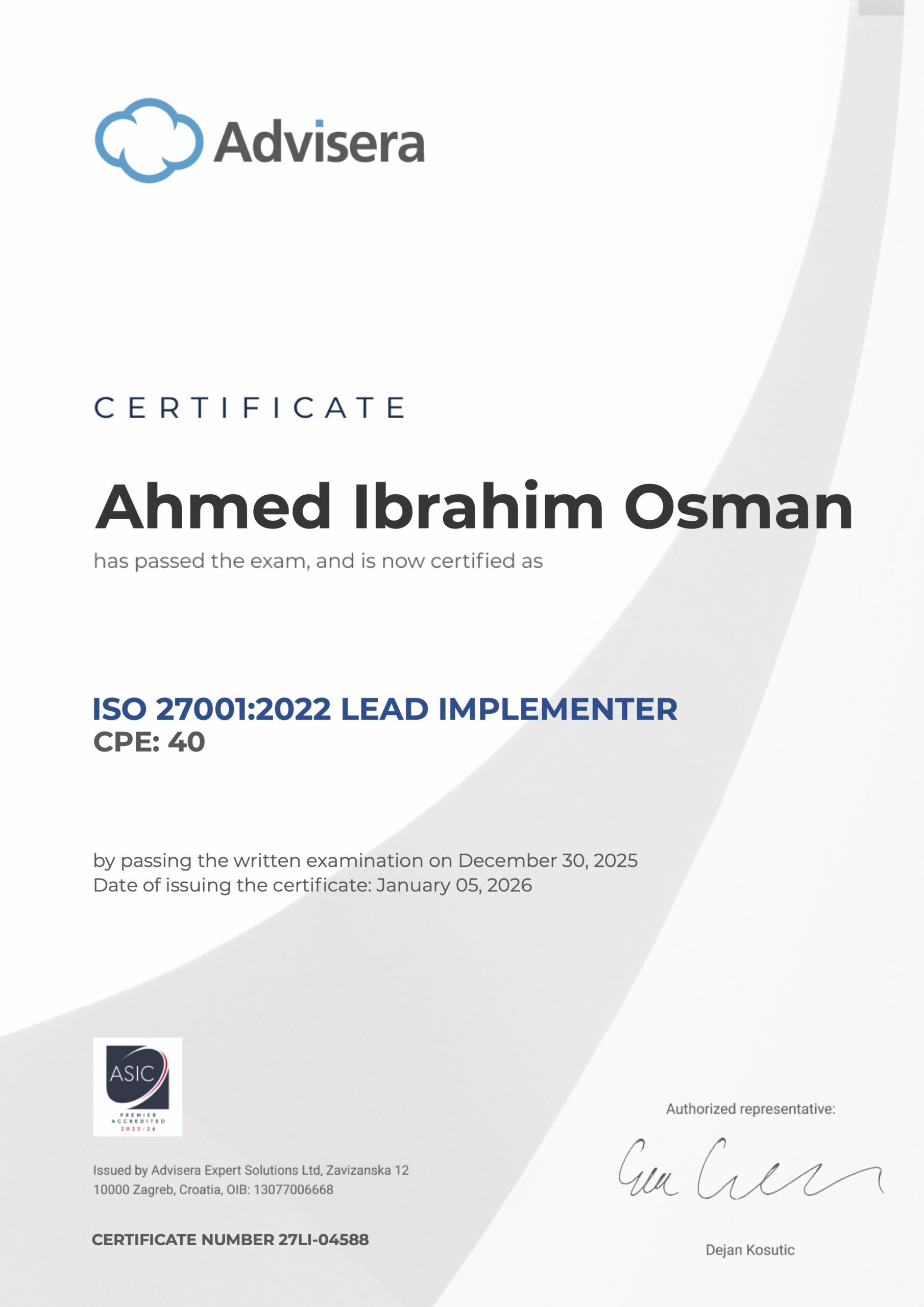 27LI-04588 Certificate ISO 27001 Lead Implementer Ahmed Ibrahim Osman