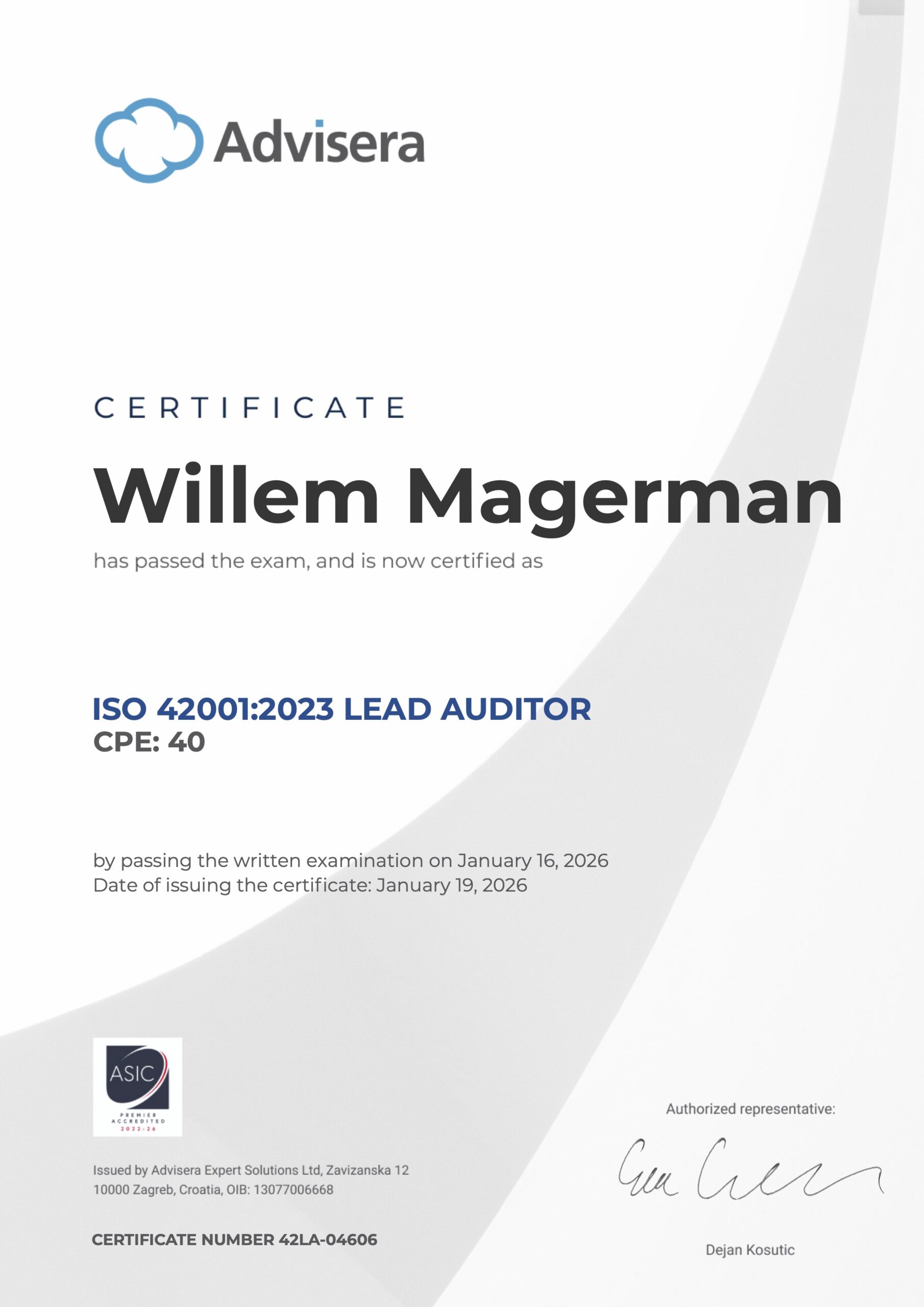 42LA-04606 Certificate ISO 42001 Lead Auditor Willem Magerman